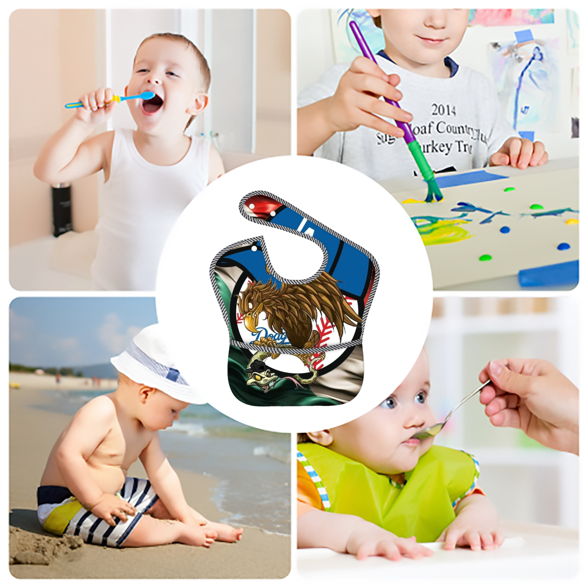  Adjustable Waterproof Toddler Bib – Full-Print Durable Polyester – Foldable Crumb Pocket – Easy Snap Closure – Soft