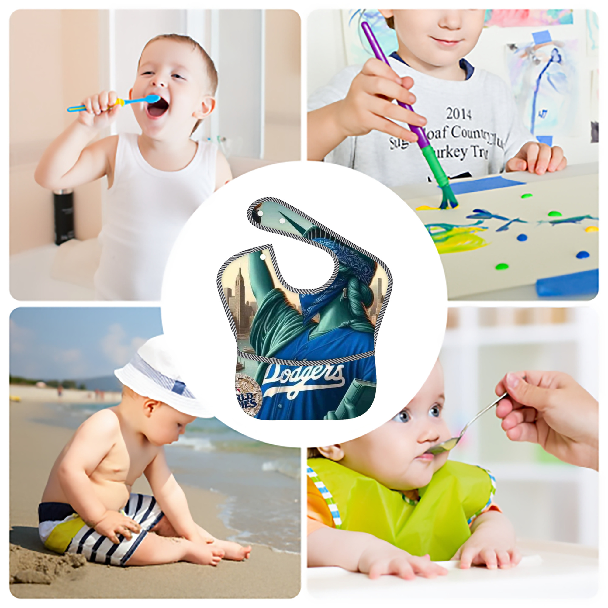  Adjustable Waterproof Toddler Bib – Full-Print Durable Polyester – Foldable Crumb Pocket – Easy Snap Closure – Soft