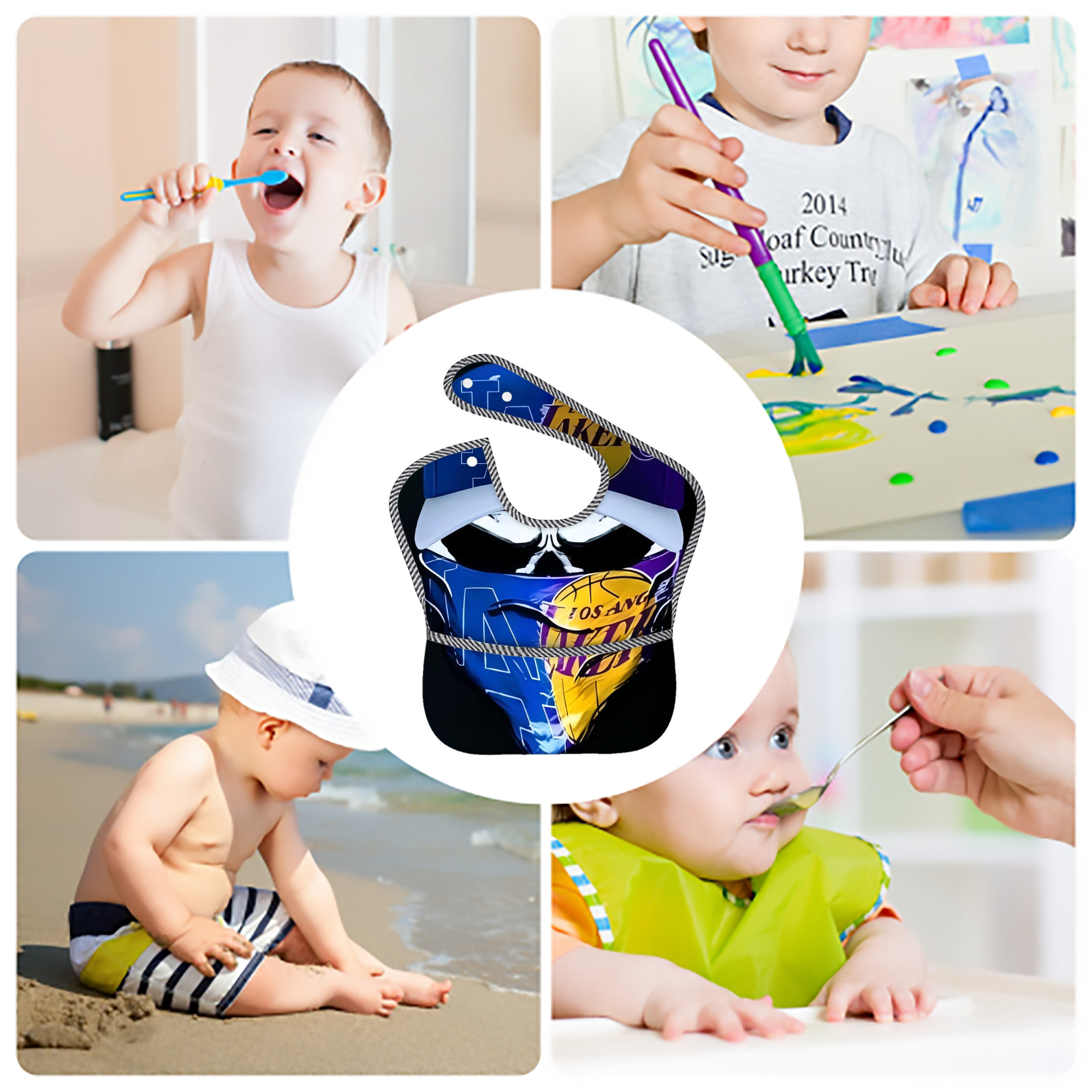  Adjustable Waterproof Toddler Bib – Full-Print Durable Polyester – Foldable Crumb Pocket – Easy Snap Closure – Soft