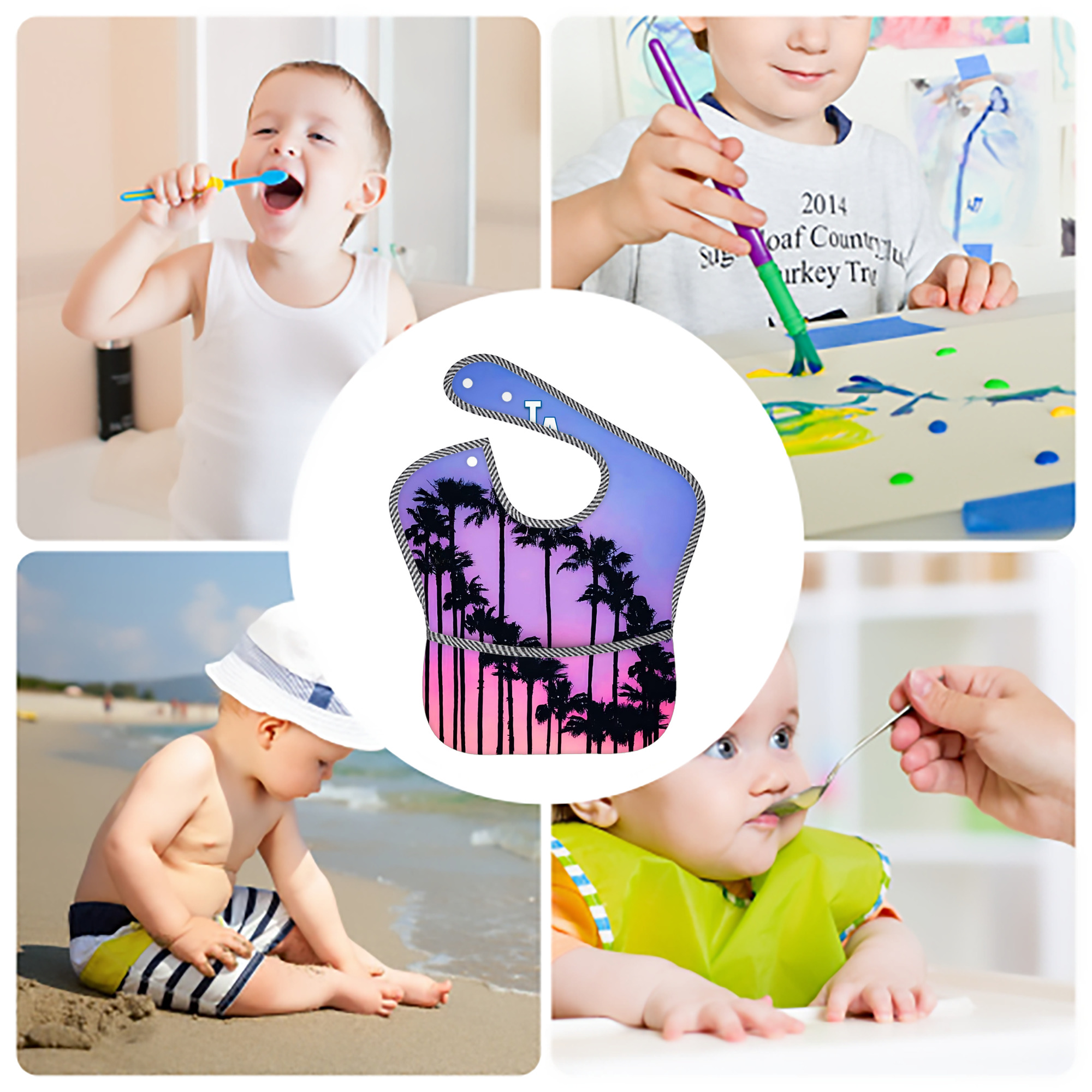  Adjustable Waterproof Toddler Bib – Full-Print Durable Polyester – Foldable Crumb Pocket – Easy Snap Closure – Soft