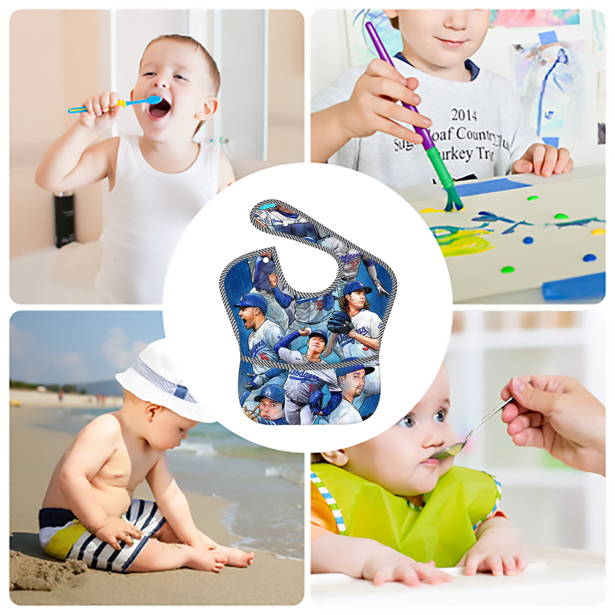  Adjustable Waterproof Toddler Bib – Full-Print Durable Polyester – Foldable Crumb Pocket – Easy Snap Closure – Soft