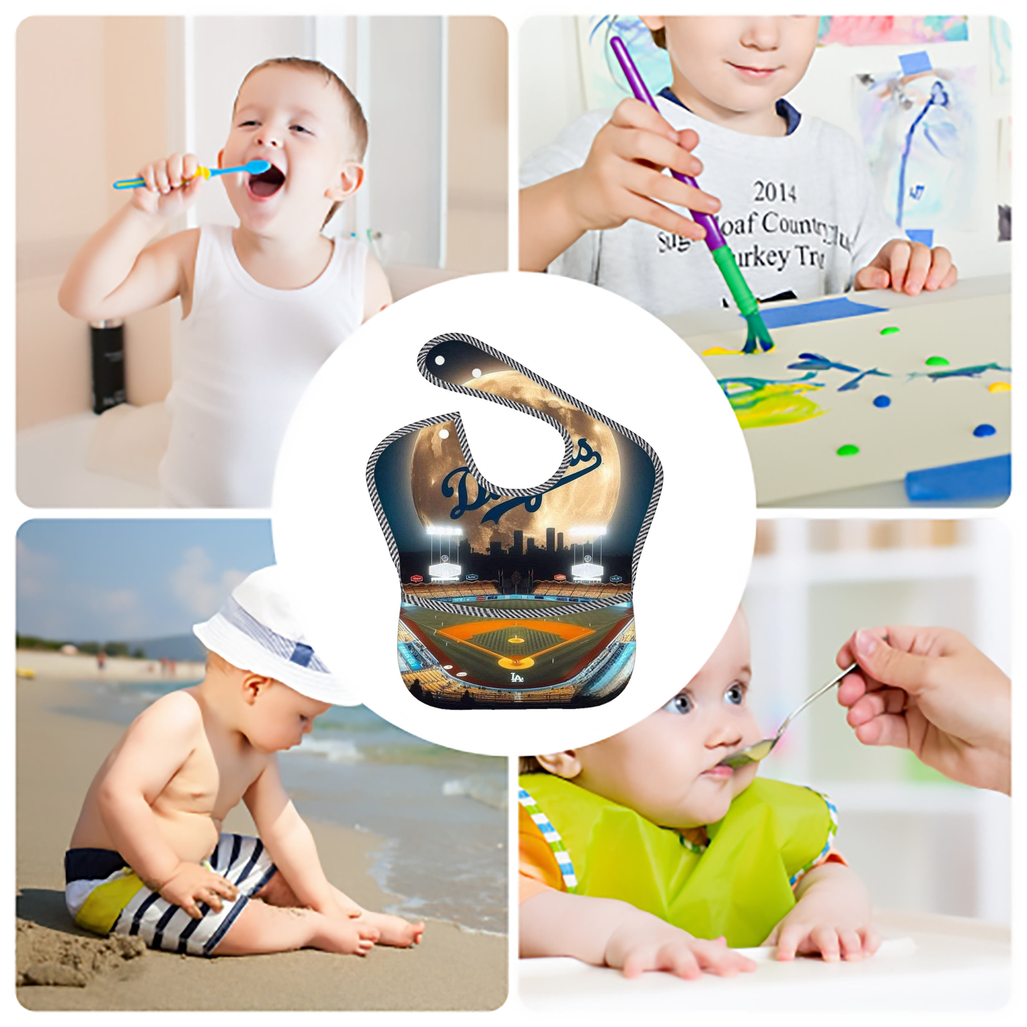  Adjustable Waterproof Toddler Bib – Full-Print Durable Polyester – Foldable Crumb Pocket – Easy Snap Closure – Soft