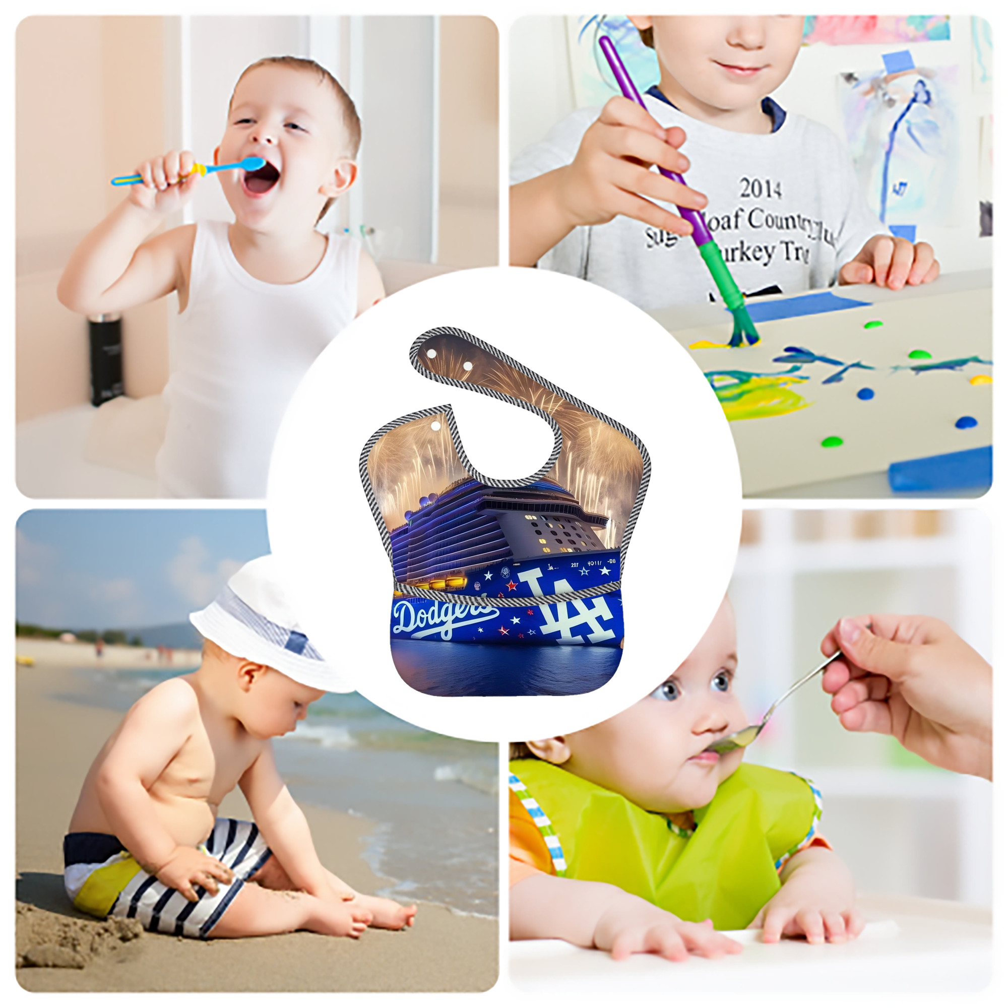  Adjustable Waterproof Toddler Bib – Full-Print Durable Polyester – Foldable Crumb Pocket – Easy Snap Closure – Soft