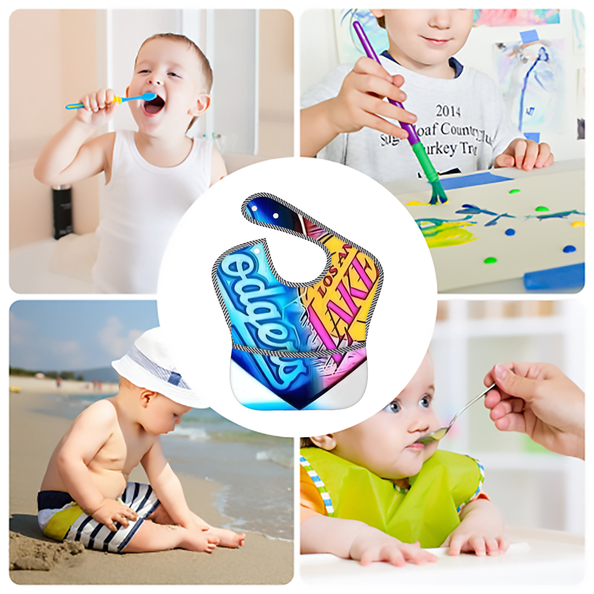  Adjustable Waterproof Toddler Bib – Full-Print Durable Polyester – Foldable Crumb Pocket – Easy Snap Closure – Soft