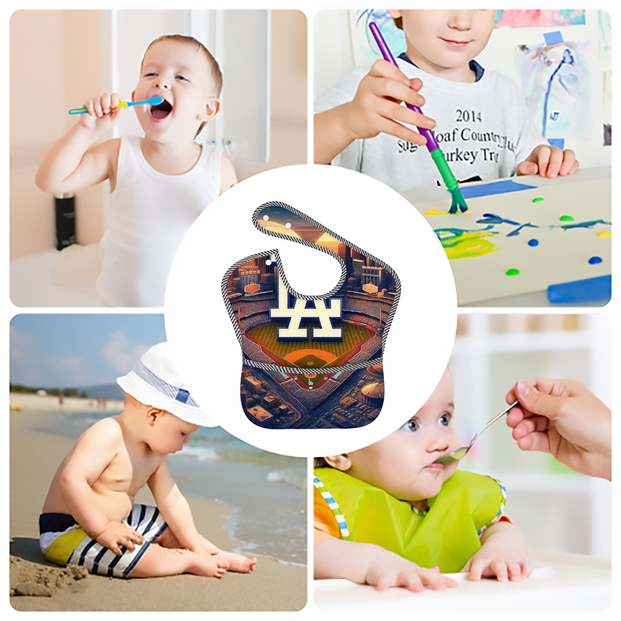  Adjustable Waterproof Toddler Bib – Full-Print Durable Polyester – Foldable Crumb Pocket – Easy Snap Closure – Soft