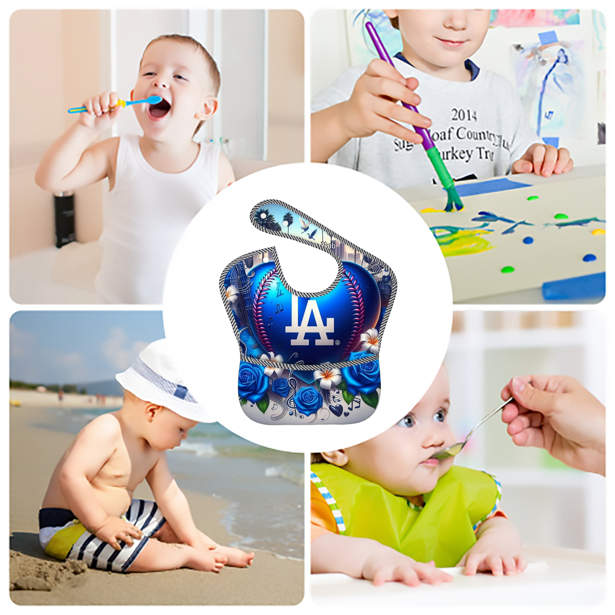  Adjustable Waterproof Toddler Bib – Full-Print Durable Polyester – Foldable Crumb Pocket – Easy Snap Closure – Soft