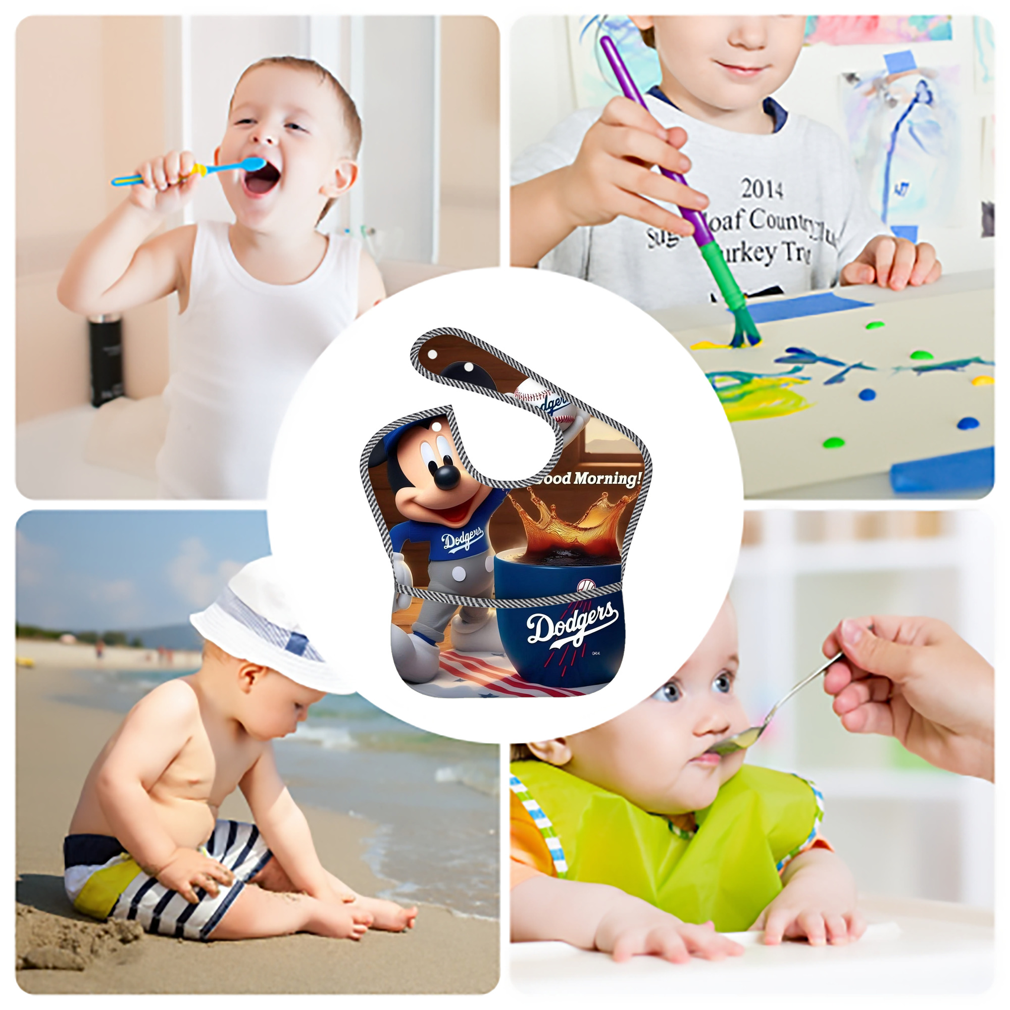  Adjustable Waterproof Toddler Bib – Full-Print Durable Polyester – Foldable Crumb Pocket – Easy Snap Closure – Soft