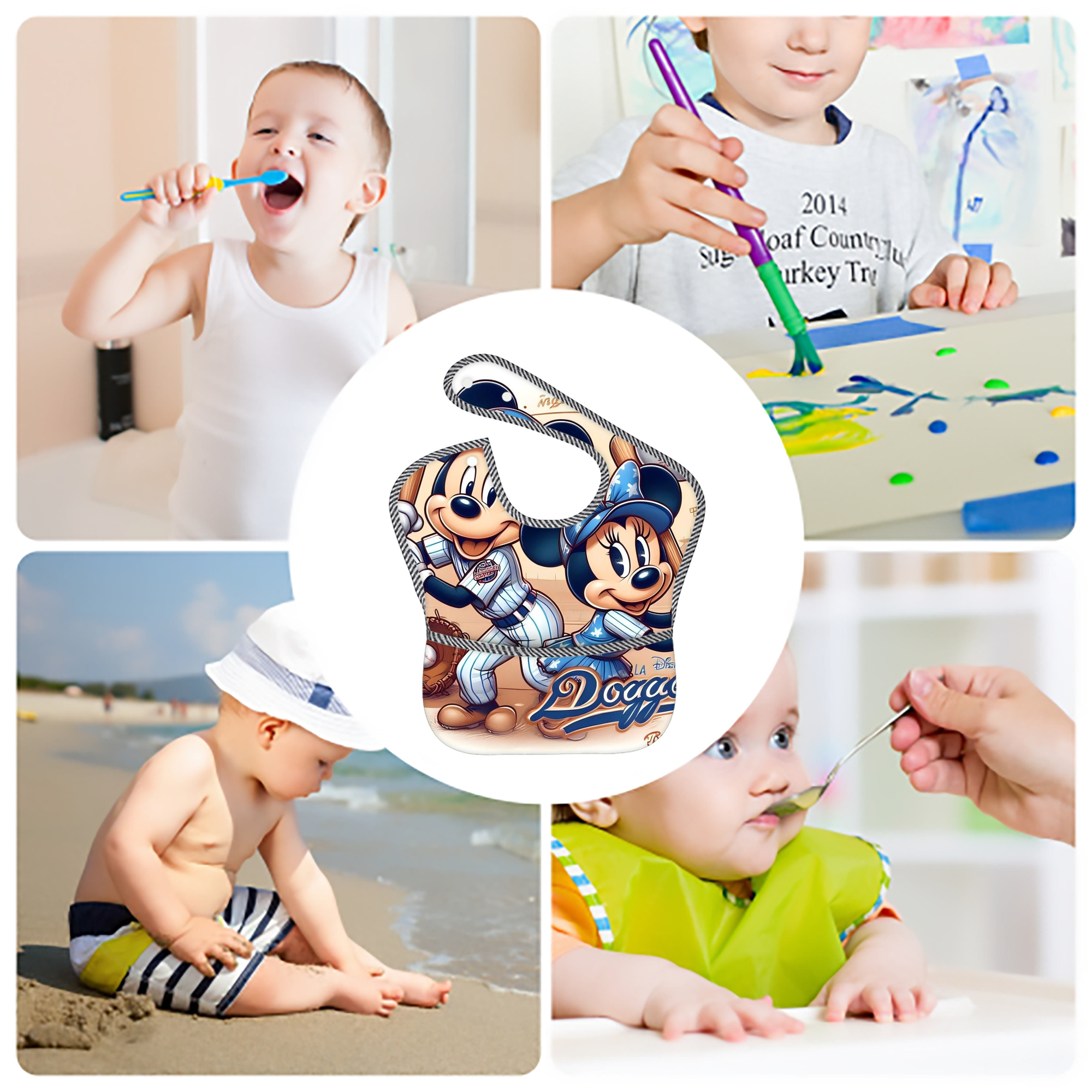  Adjustable Waterproof Toddler Bib – Full-Print Durable Polyester – Foldable Crumb Pocket – Easy Snap Closure – Soft