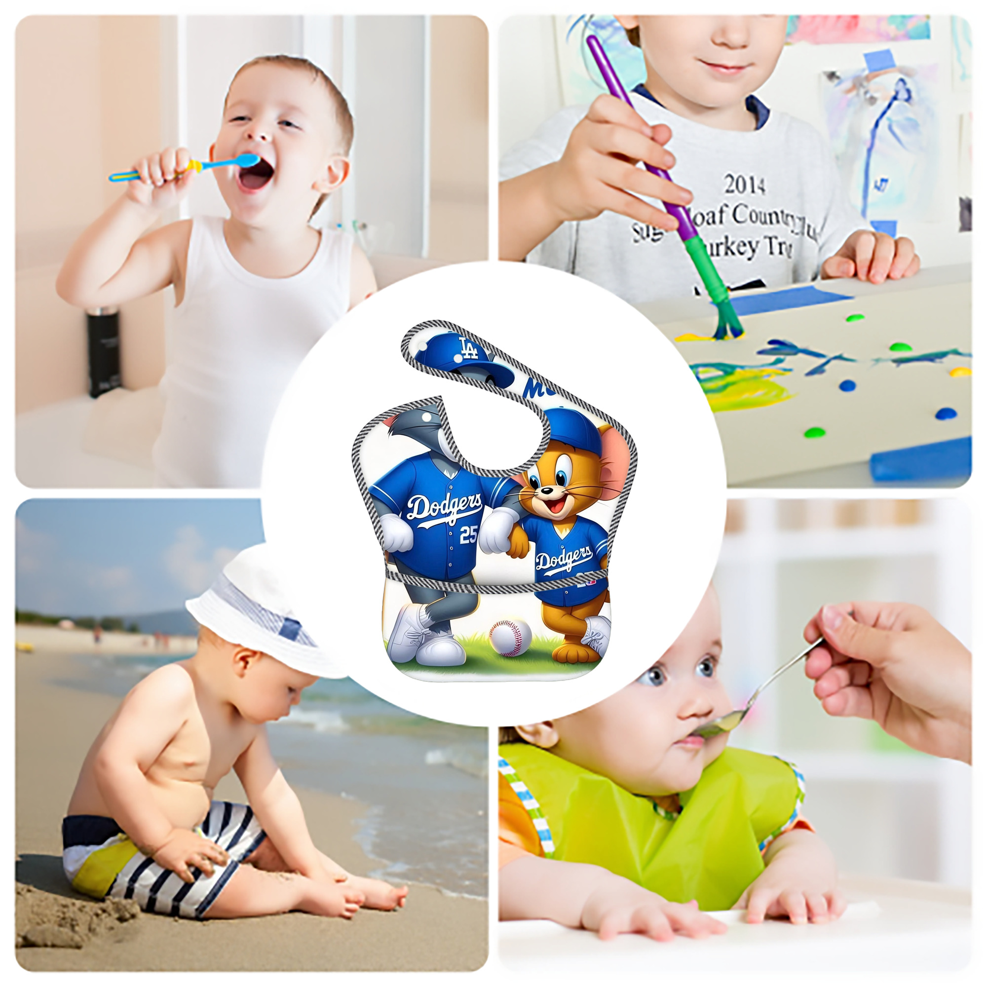  Adjustable Waterproof Toddler Bib – Full-Print Durable Polyester – Foldable Crumb Pocket – Easy Snap Closure – Soft