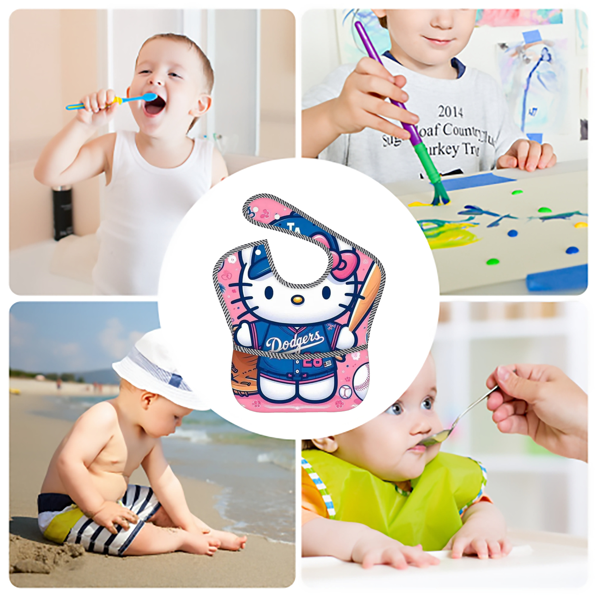  Adjustable Waterproof Toddler Bib – Full-Print Durable Polyester – Foldable Crumb Pocket – Easy Snap Closure – Soft