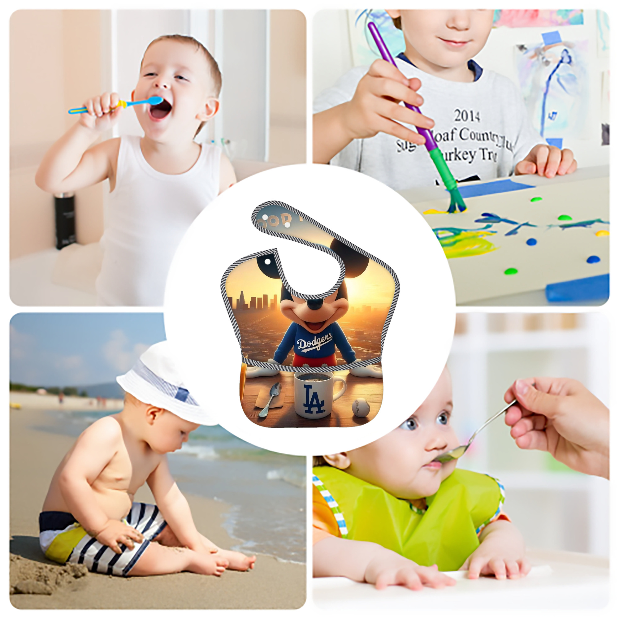  Adjustable Waterproof Toddler Bib – Full-Print Durable Polyester – Foldable Crumb Pocket – Easy Snap Closure – Soft