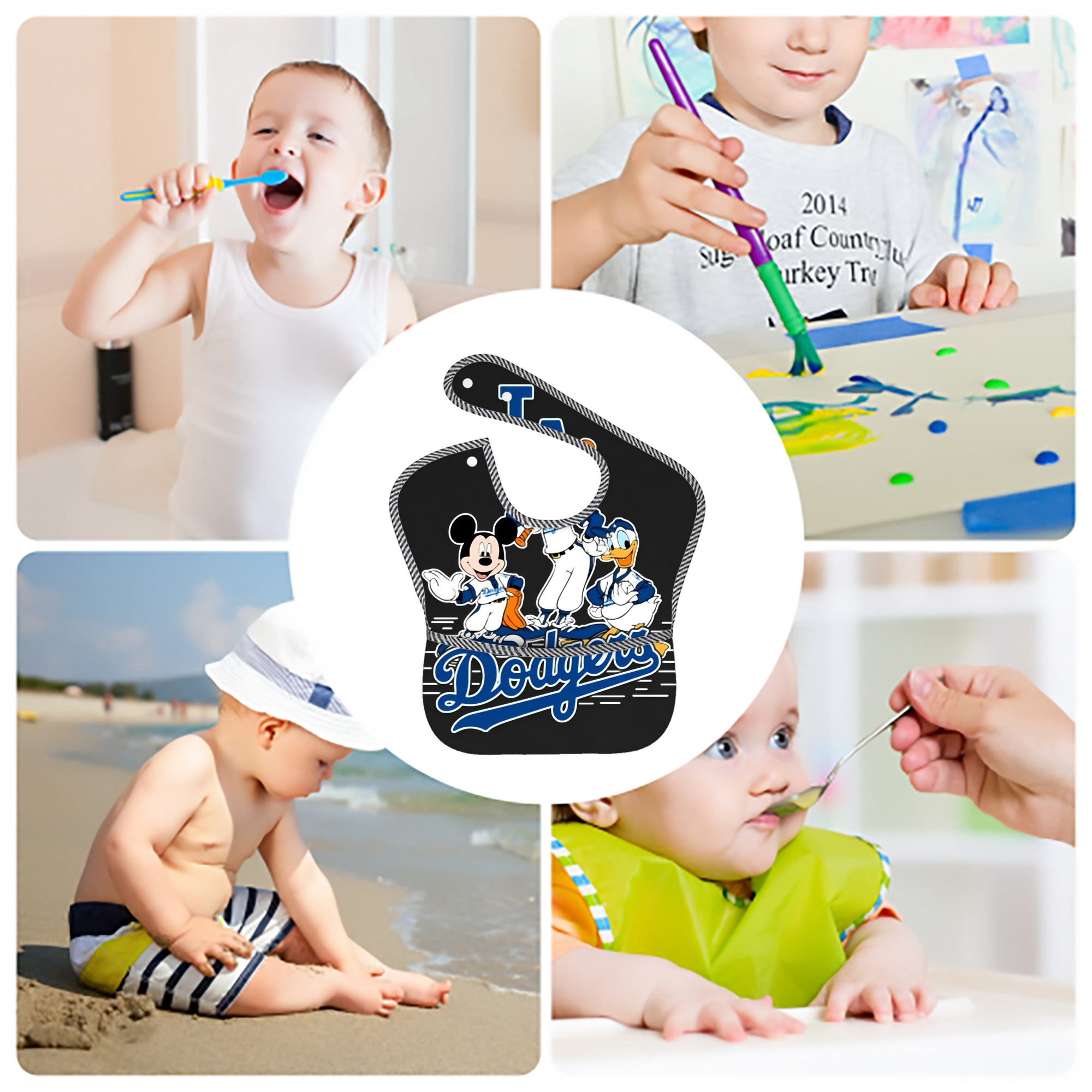  Adjustable Waterproof Toddler Bib – Full-Print Durable Polyester – Foldable Crumb Pocket – Easy Snap Closure – Soft