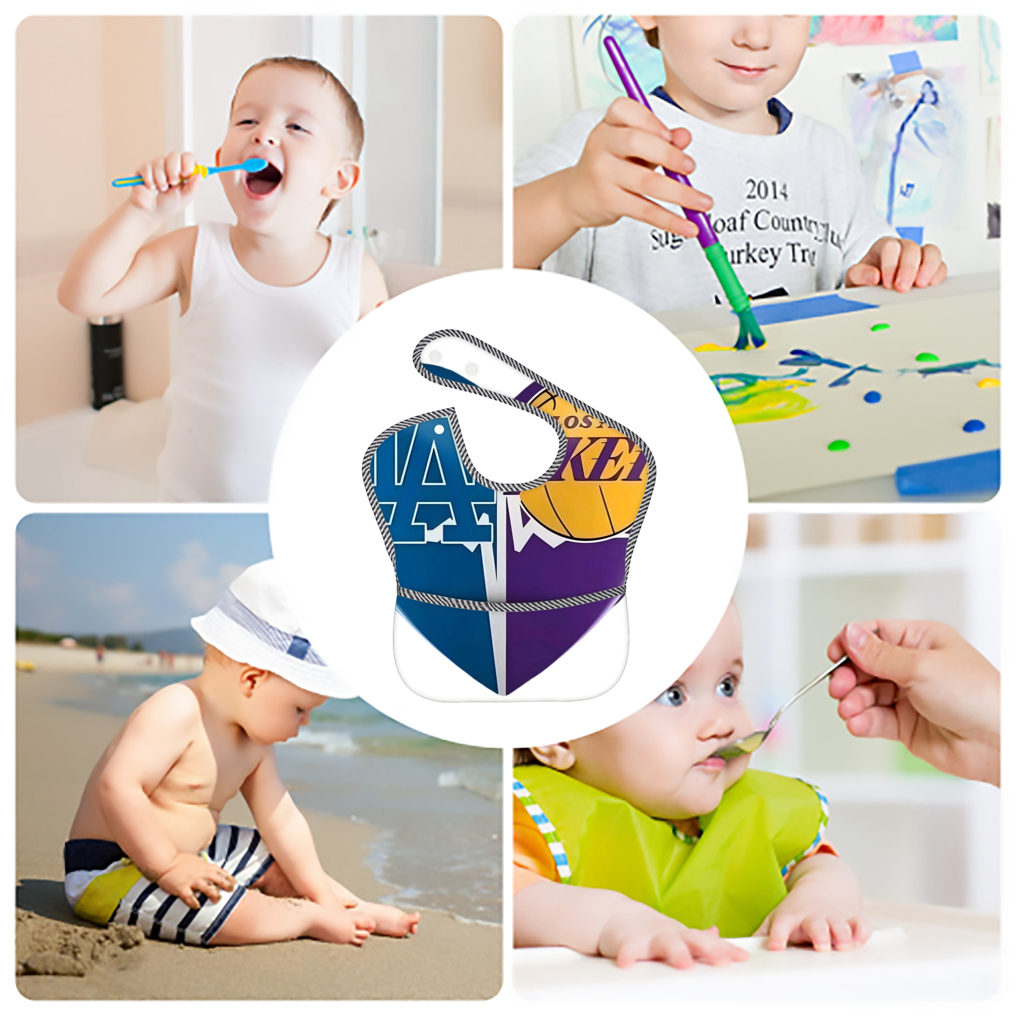  Adjustable Waterproof Toddler Bib – Full-Print Durable Polyester – Foldable Crumb Pocket – Easy Snap Closure – Soft