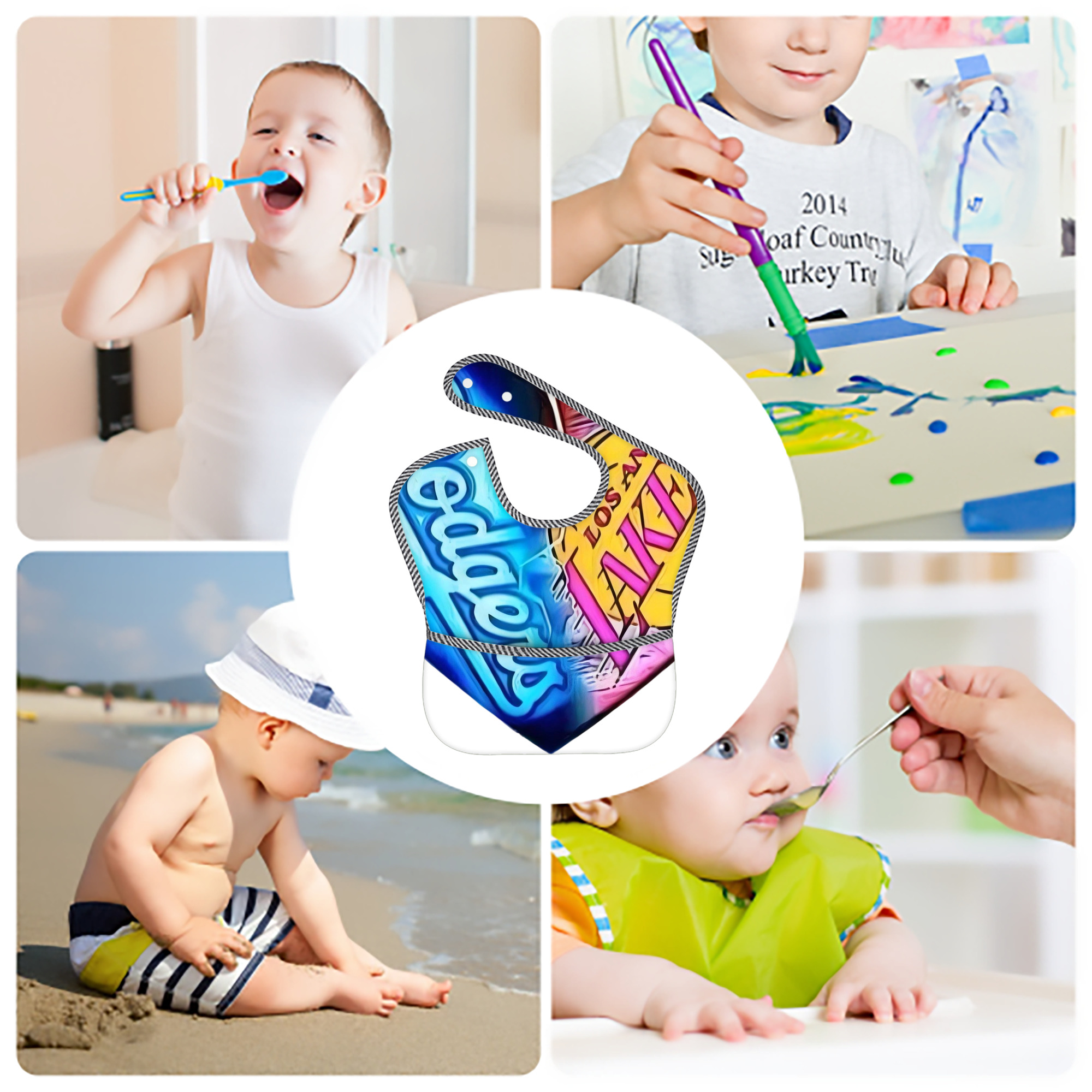  Adjustable Waterproof Toddler Bib – Full-Print Durable Polyester – Foldable Crumb Pocket – Easy Snap Closure – Soft