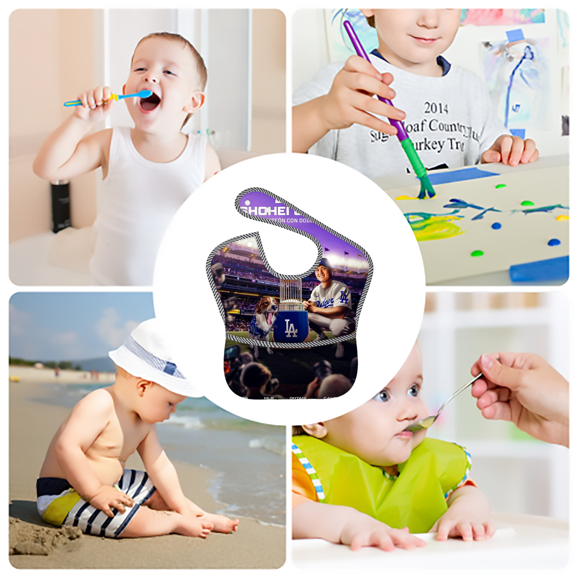  Adjustable Waterproof Toddler Bib – Full-Print Durable Polyester – Foldable Crumb Pocket – Easy Snap Closure – Soft