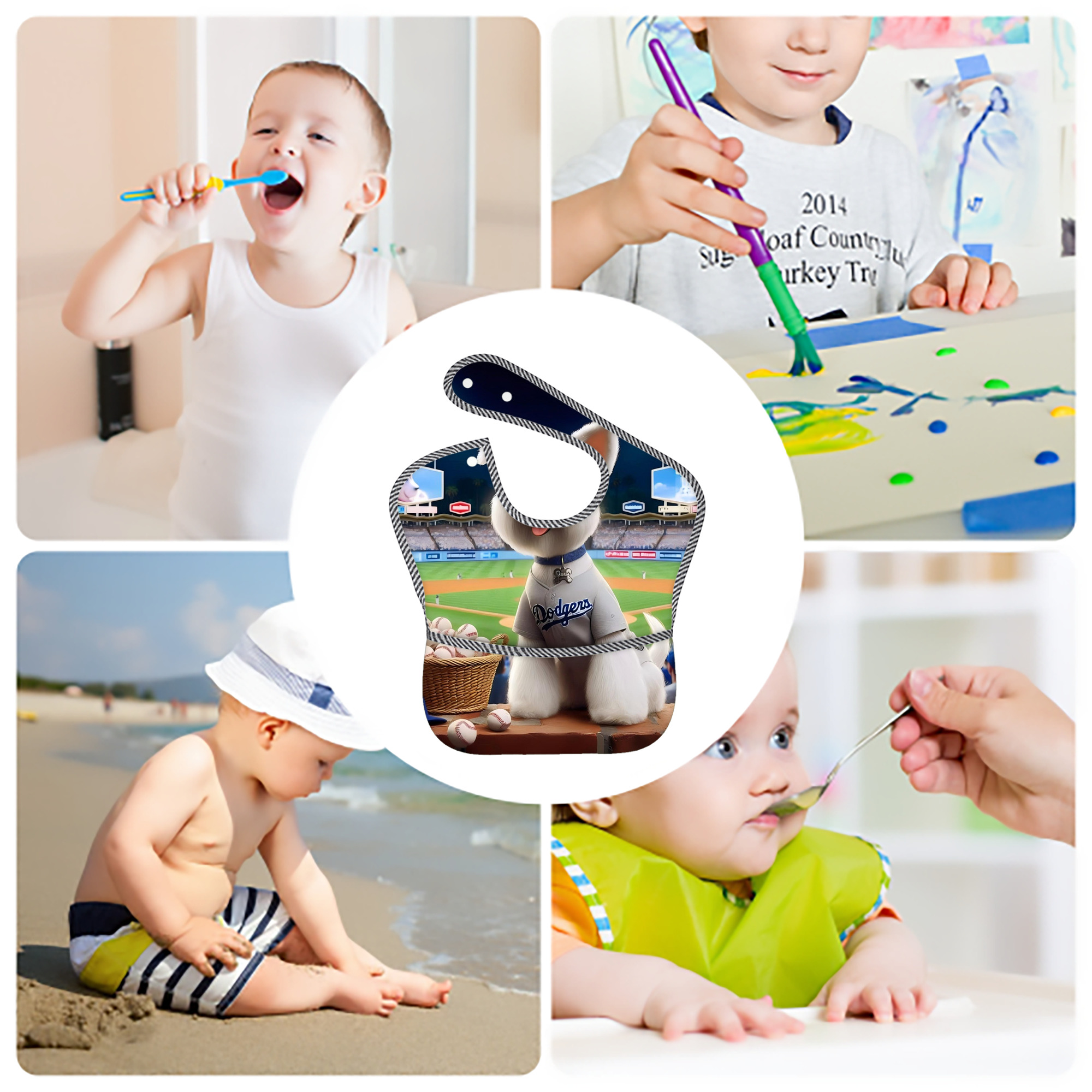  Adjustable Waterproof Toddler Bib – Full-Print Durable Polyester – Foldable Crumb Pocket – Easy Snap Closure – Soft