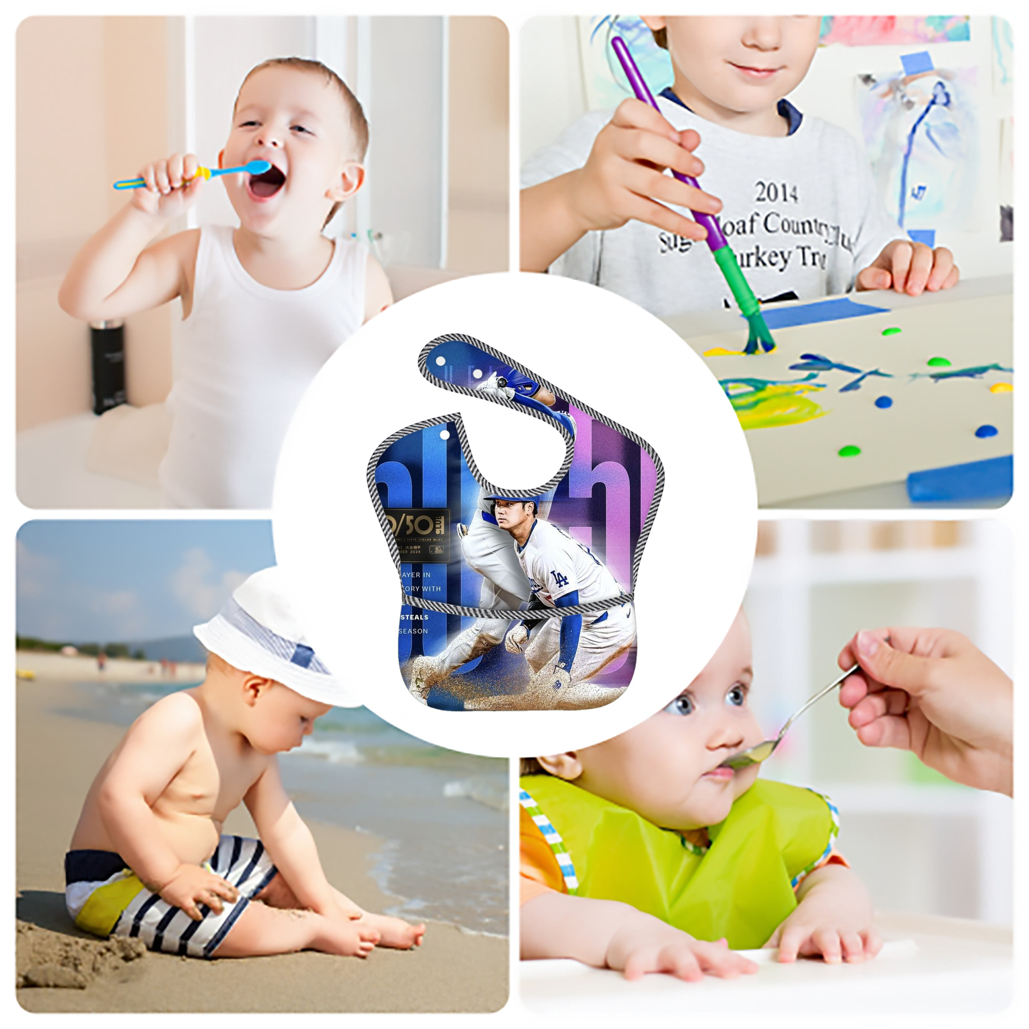  Adjustable Waterproof Toddler Bib – Full-Print Durable Polyester – Foldable Crumb Pocket – Easy Snap Closure – Soft