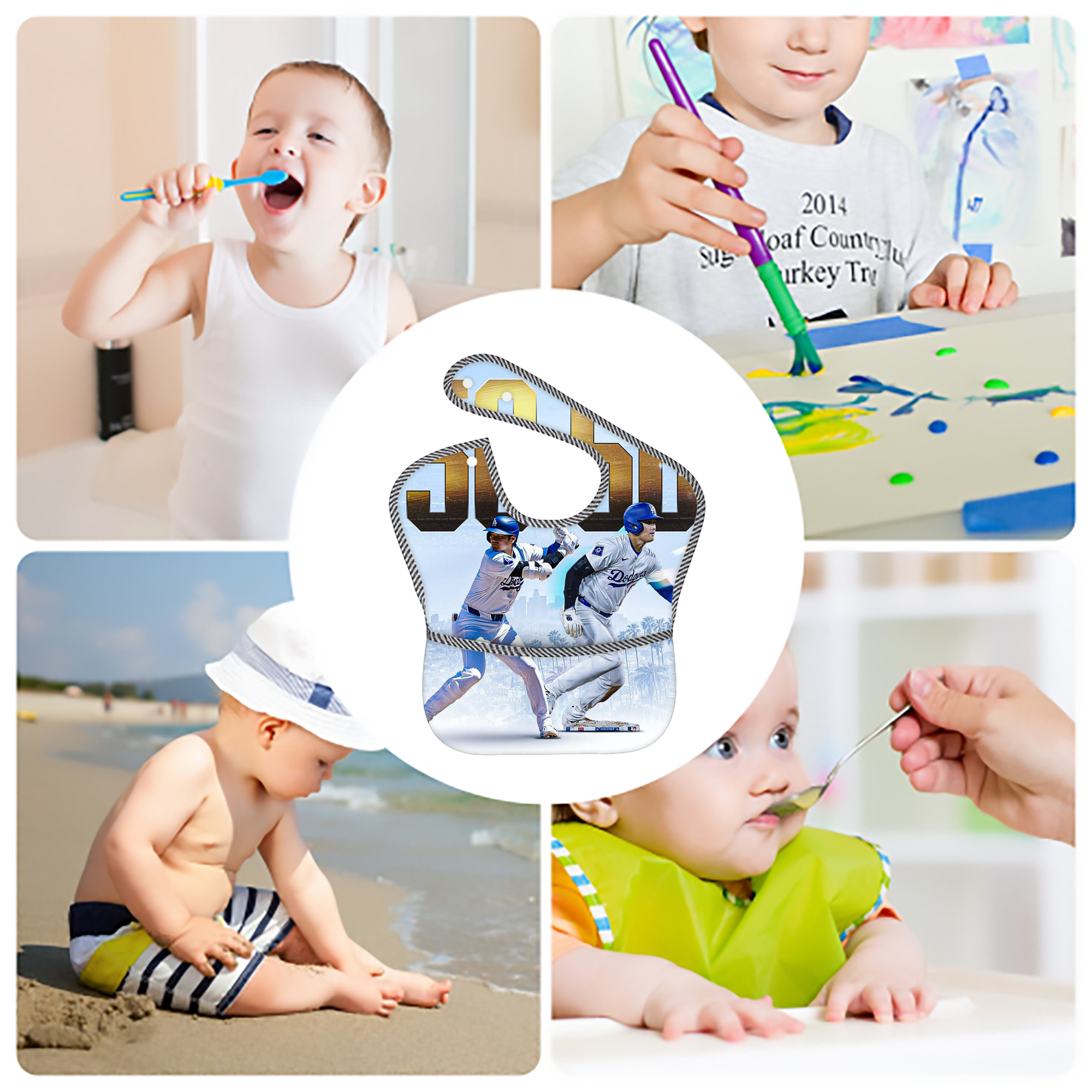  Adjustable Waterproof Toddler Bib – Full-Print Durable Polyester – Foldable Crumb Pocket – Easy Snap Closure – Soft