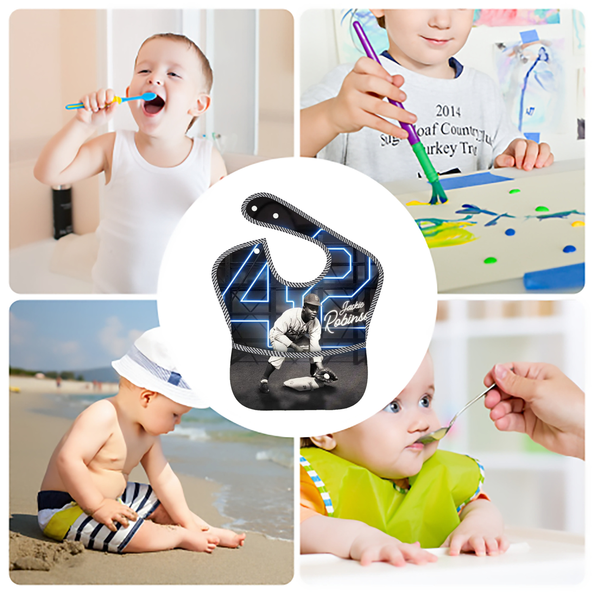  Adjustable Waterproof Toddler Bib – Full-Print Durable Polyester – Foldable Crumb Pocket – Easy Snap Closure – Soft