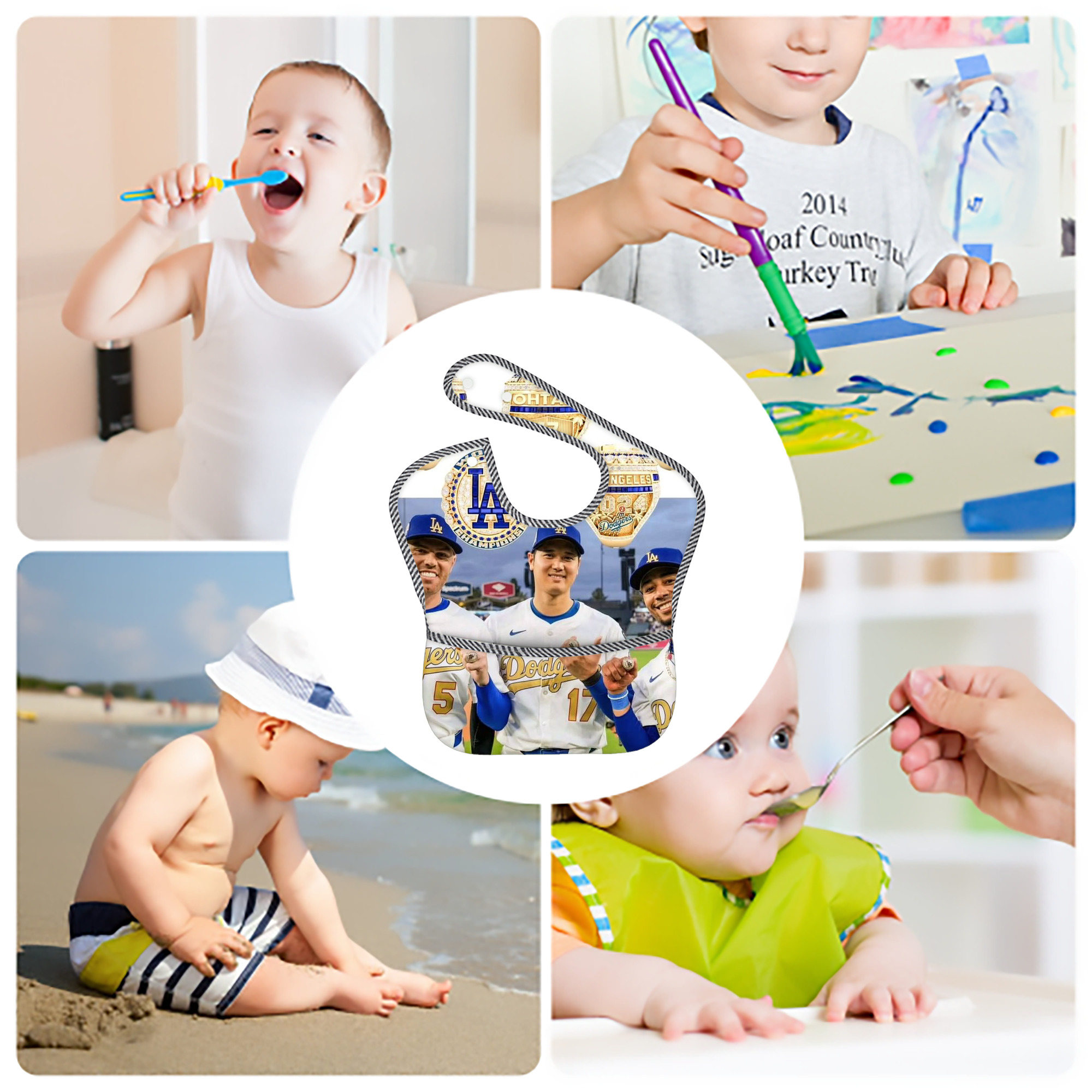  Adjustable Waterproof Toddler Bib – Full-Print Durable Polyester – Foldable Crumb Pocket – Easy Snap Closure – Soft