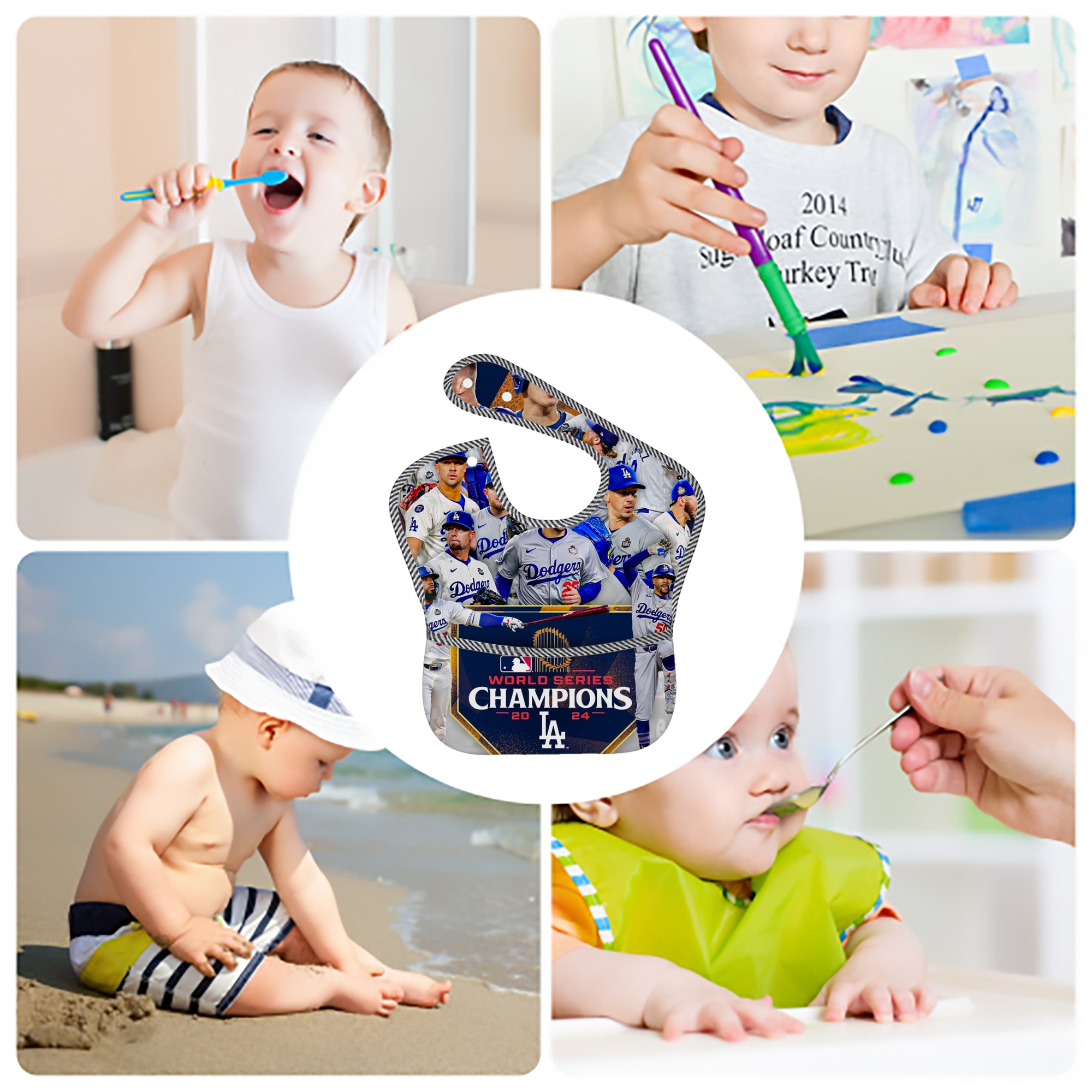  Adjustable Waterproof Toddler Bib – Full-Print Durable Polyester – Foldable Crumb Pocket – Easy Snap Closure – Soft