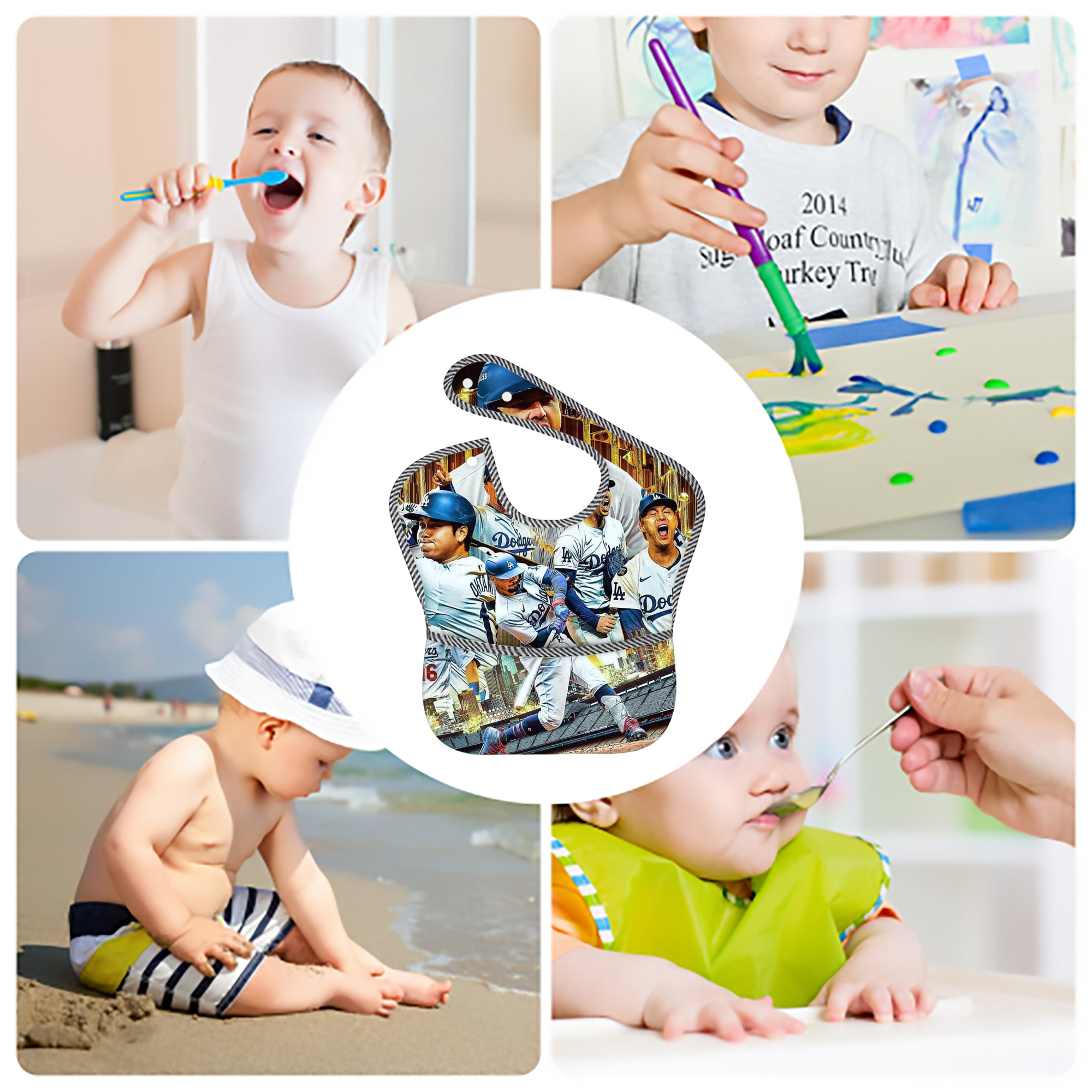  Adjustable Waterproof Toddler Bib – Full-Print Durable Polyester – Foldable Crumb Pocket – Easy Snap Closure – Soft