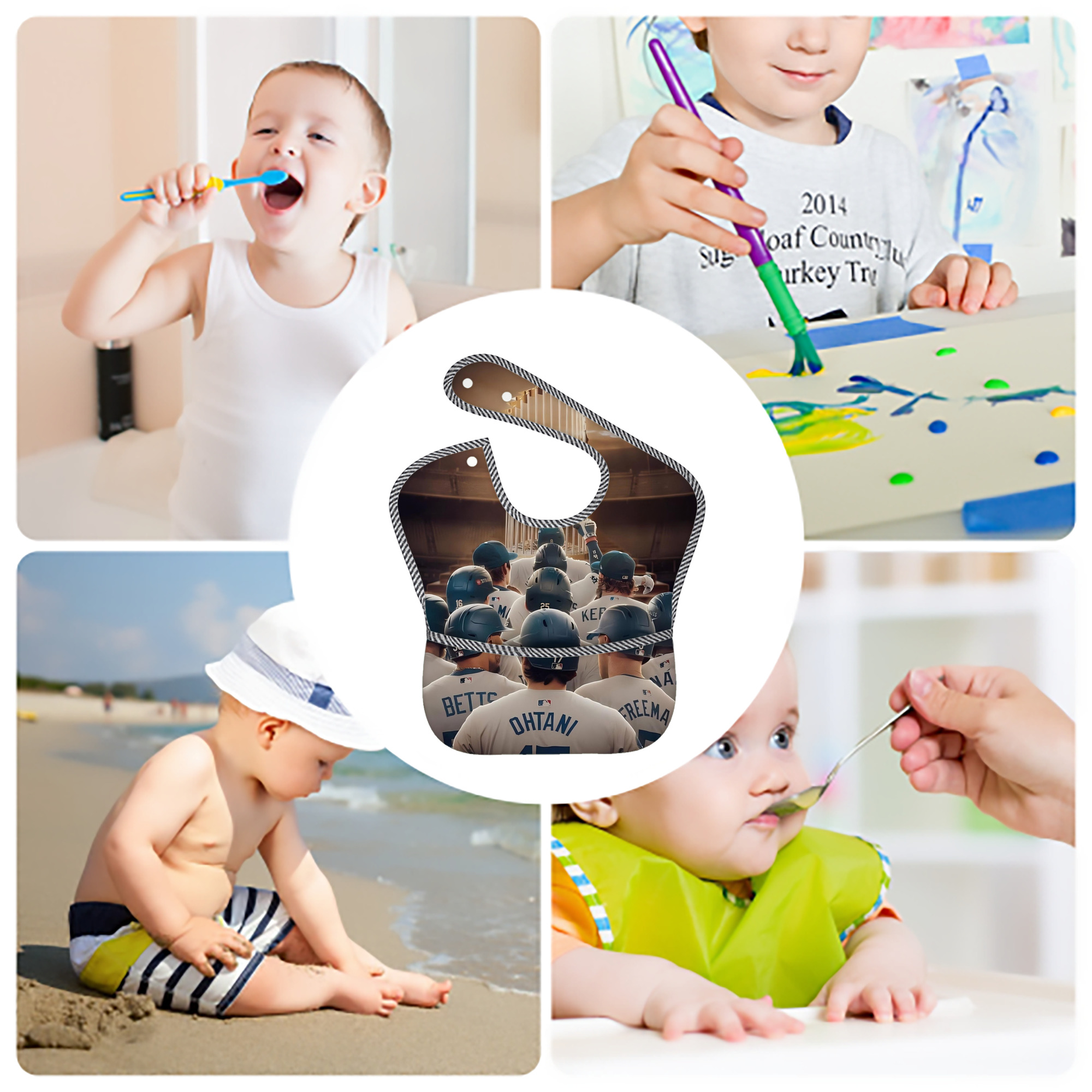  Adjustable Waterproof Toddler Bib – Full-Print Durable Polyester – Foldable Crumb Pocket – Easy Snap Closure – Soft