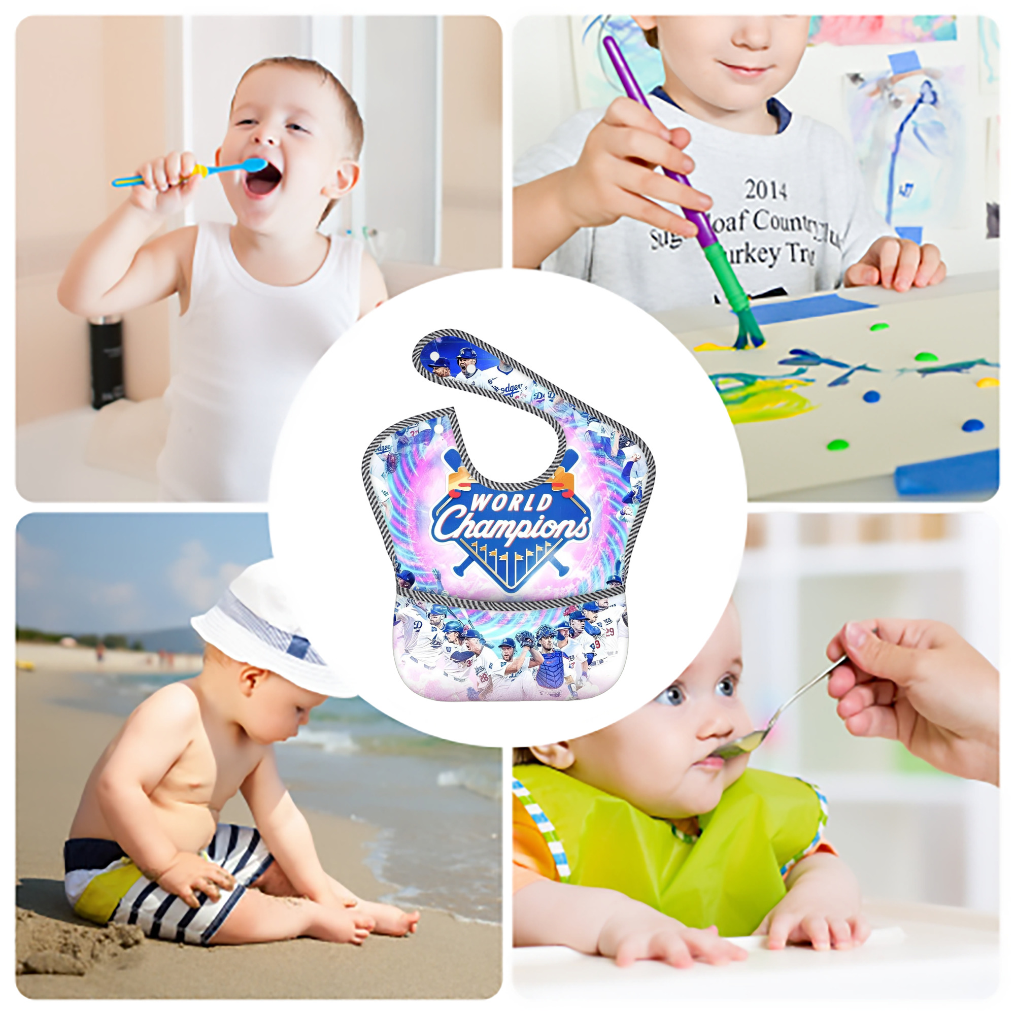  Adjustable Waterproof Toddler Bib – Full-Print Durable Polyester – Foldable Crumb Pocket – Easy Snap Closure – Soft