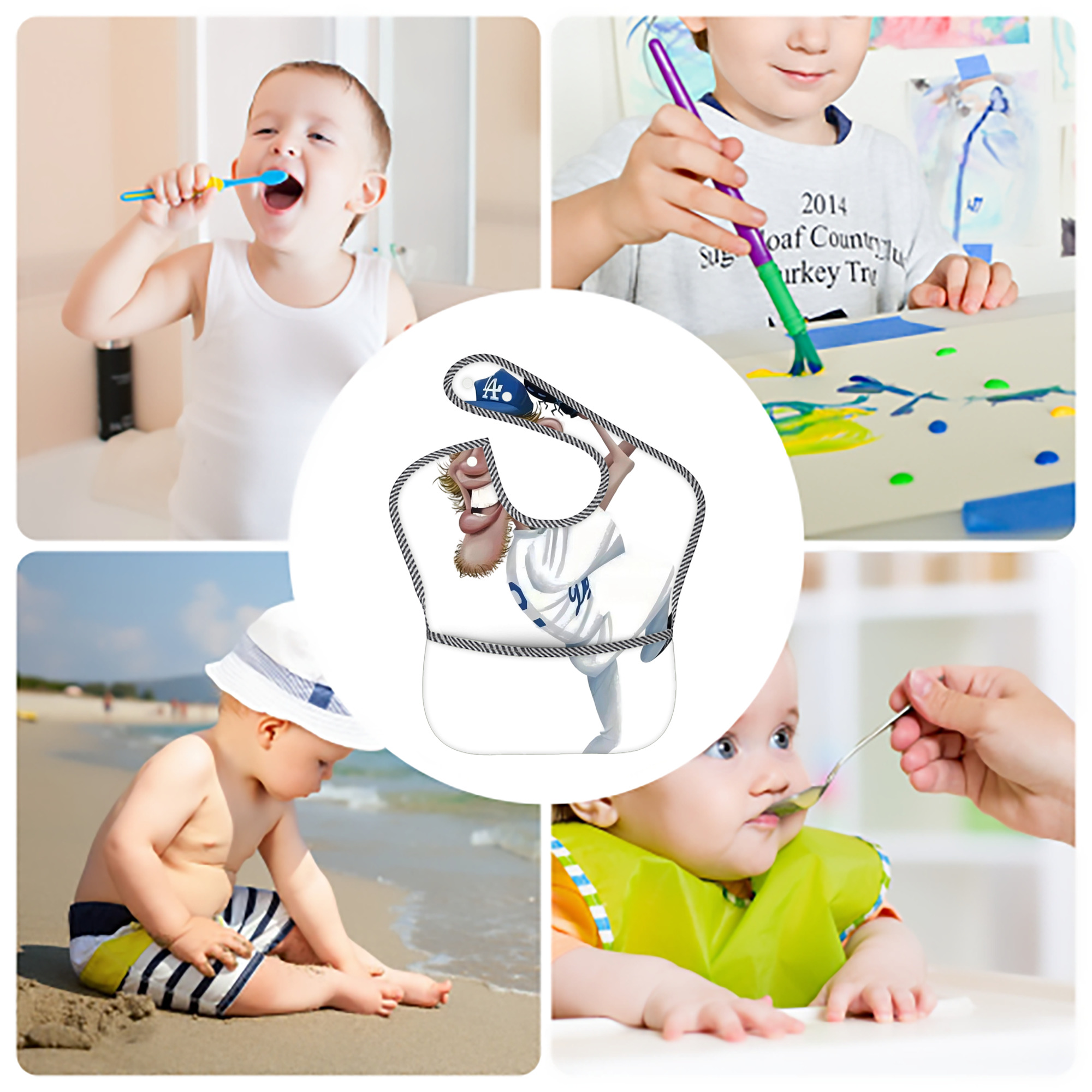 Clayton Kershaw  12 Adjustable Waterproof Toddler Bib – Full-Print Durable Polyester – Foldable Crumb Pocket – Easy Snap Closure – Soft