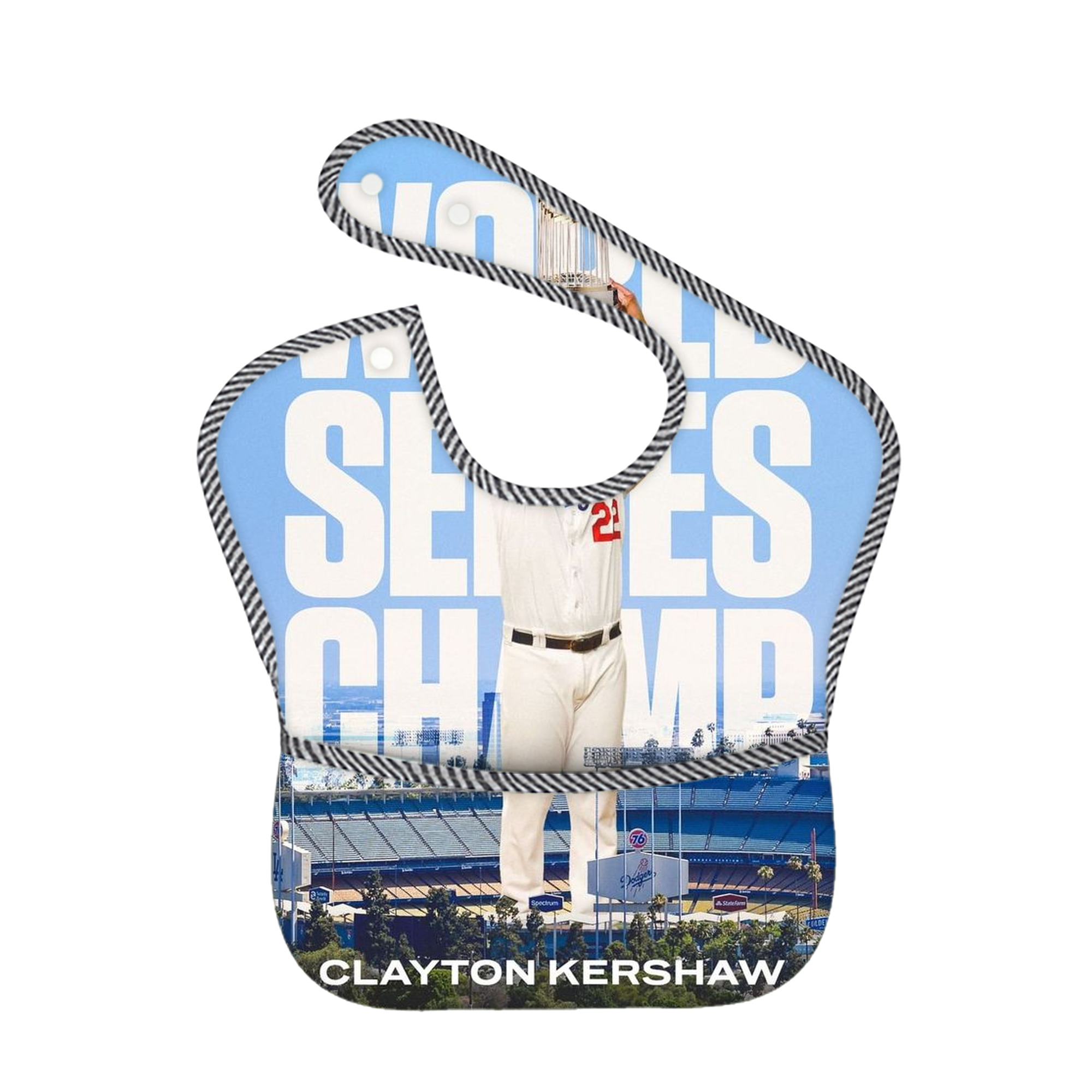 Clayton Kershaw 4 Adjustable Waterproof Toddler Bib – Full-Print Durable Polyester – Foldable Crumb Pocket – Easy Snap Closure – Soft