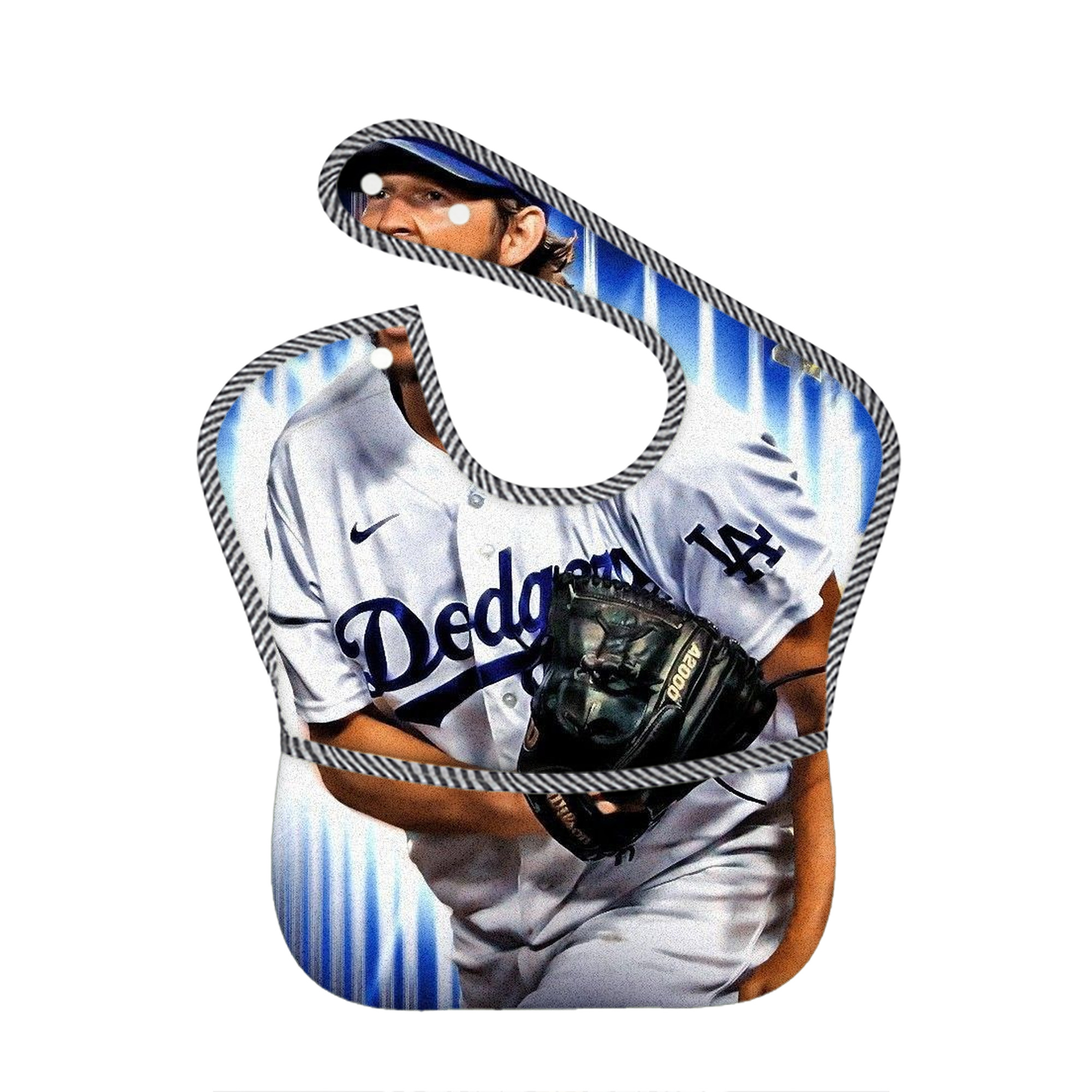 Clayton Kershaw 8 Adjustable Waterproof Toddler Bib – Full-Print Durable Polyester – Foldable Crumb Pocket – Easy Snap Closure – Soft