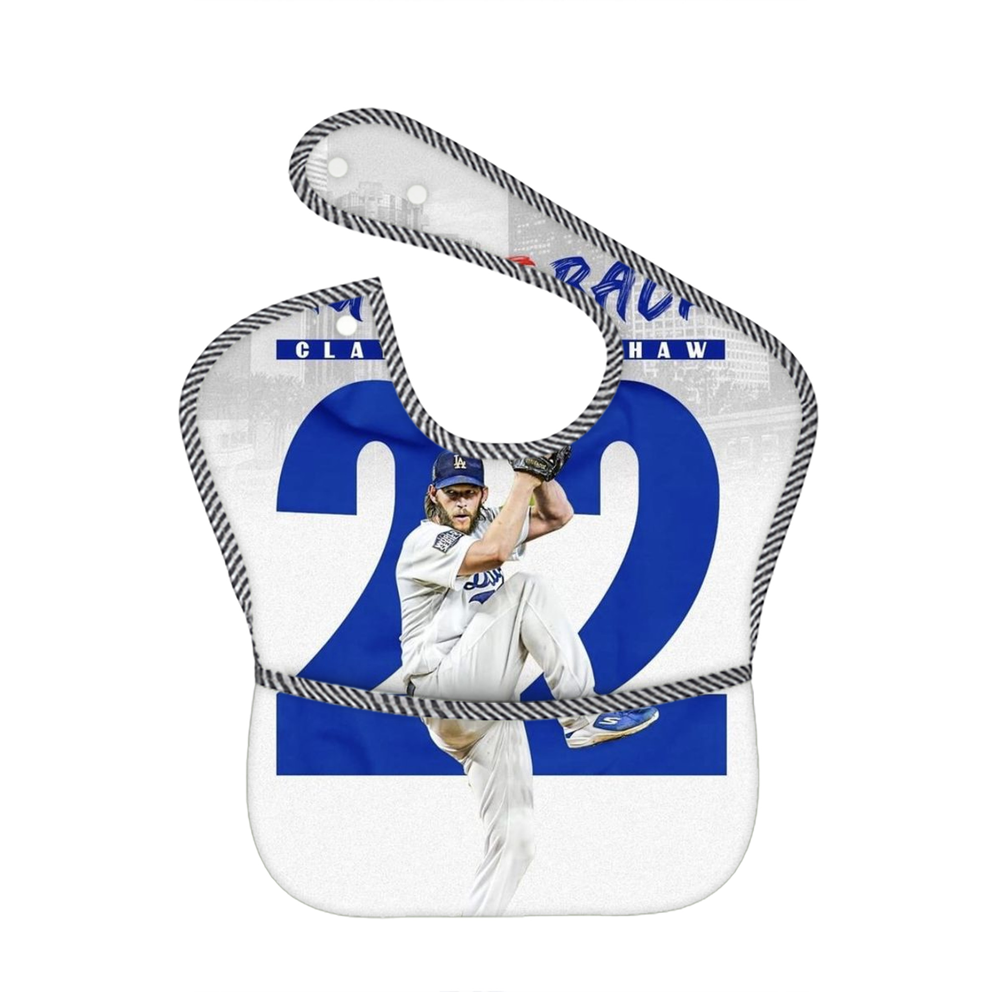 Clayton Kershaw 9 Adjustable Waterproof Toddler Bib – Full-Print Durable Polyester – Foldable Crumb Pocket – Easy Snap Closure – Soft