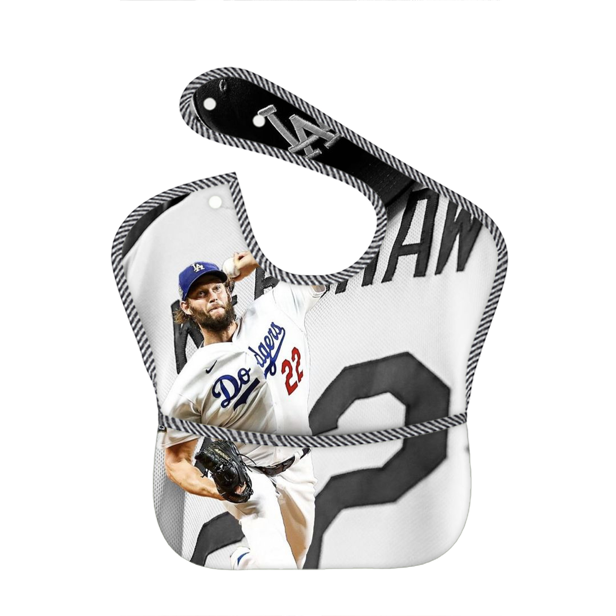 Clayton Kershaw 10 Adjustable Waterproof Toddler Bib – Full-Print Durable Polyester – Foldable Crumb Pocket – Easy Snap Closure – Soft