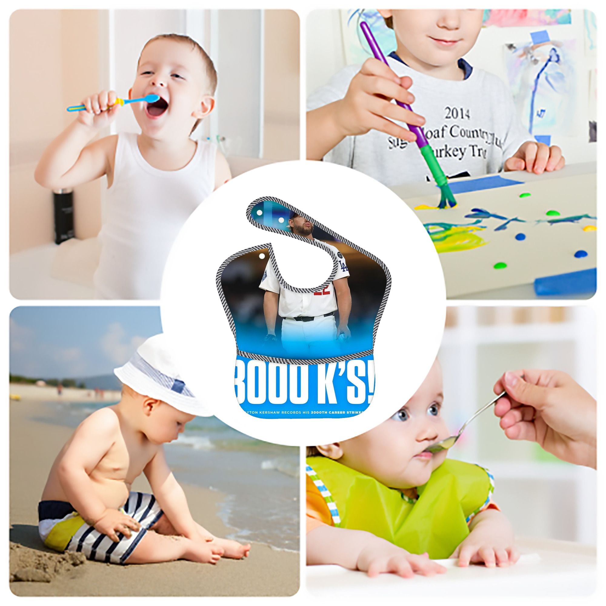 Clayton Kershaw  3K 7 Adjustable Waterproof Toddler Bib – Full-Print Durable Polyester – Foldable Crumb Pocket – Easy Snap Closure – Soft