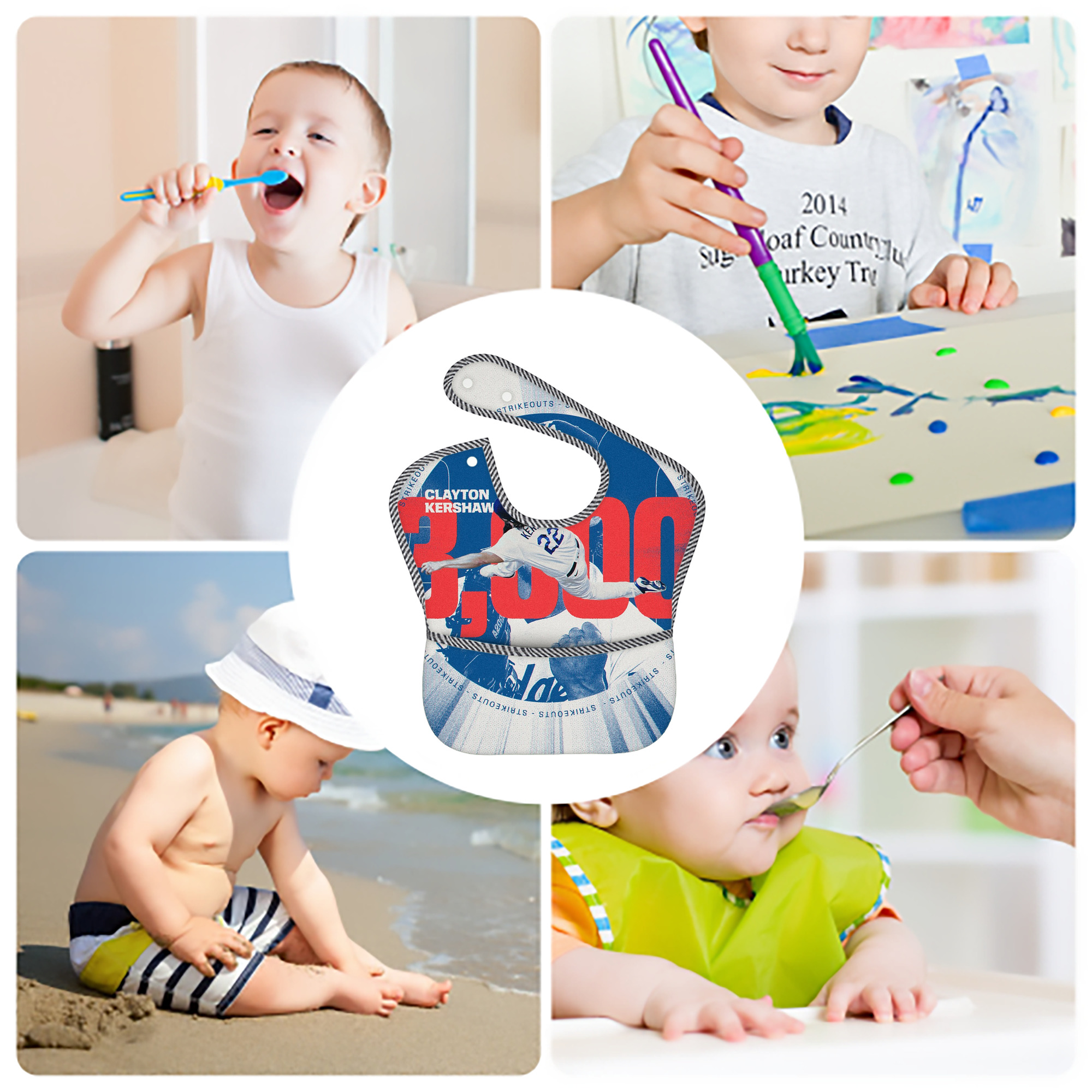 Clayton Kershaw  3K 8 Adjustable Waterproof Toddler Bib – Full-Print Durable Polyester – Foldable Crumb Pocket – Easy Snap Closure – Soft