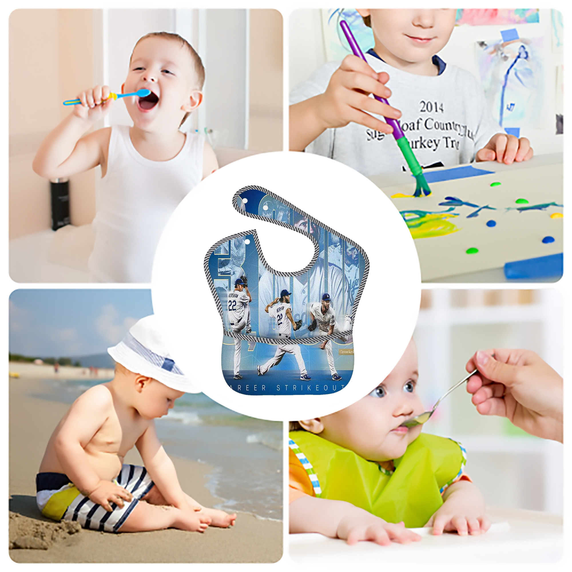 Clayton Kershaw  3K 17 Adjustable Waterproof Toddler Bib – Full-Print Durable Polyester – Foldable Crumb Pocket – Easy Snap Closure – Soft
