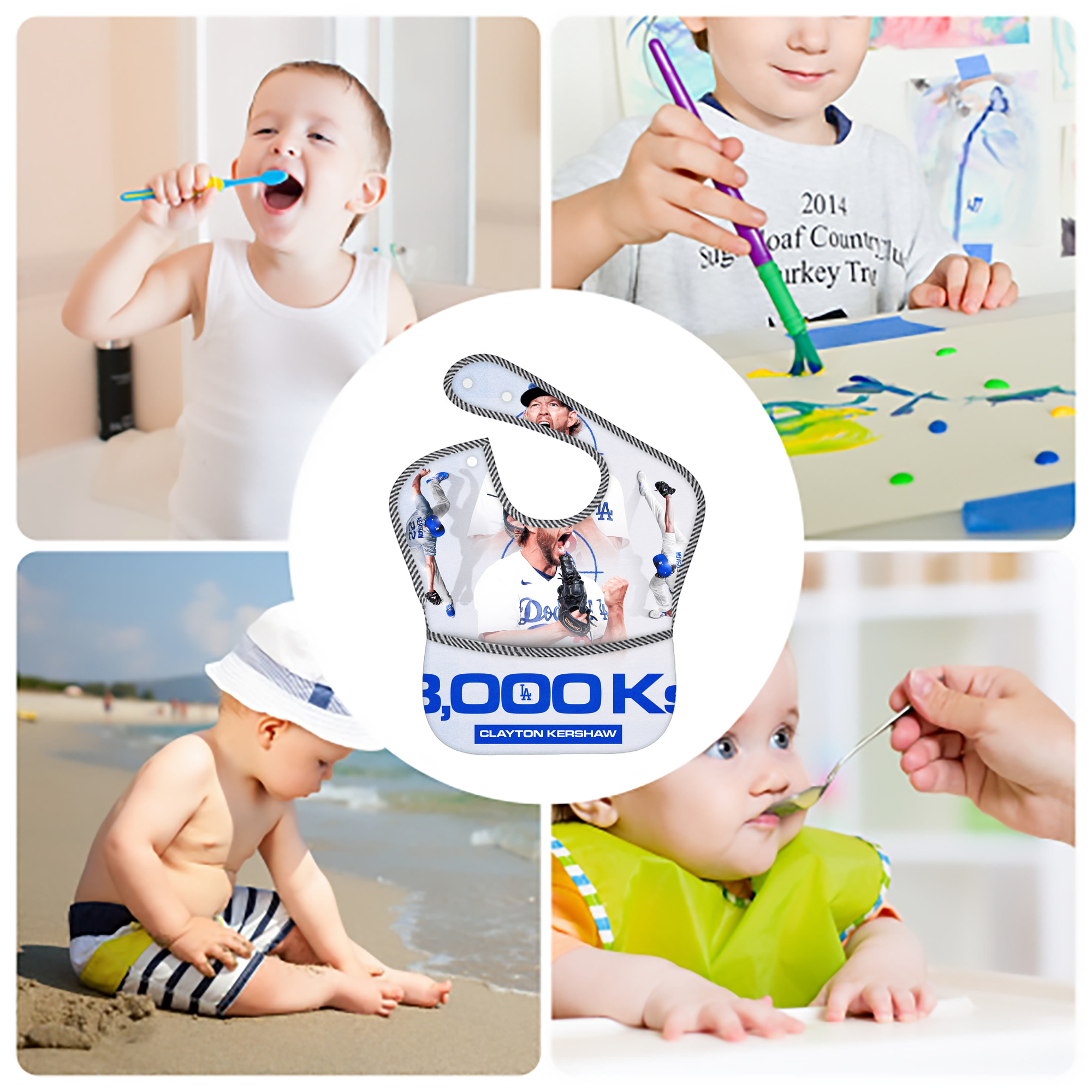 Clayton Kershaw  3K 19 Adjustable Waterproof Toddler Bib – Full-Print Durable Polyester – Foldable Crumb Pocket – Easy Snap Closure – Soft