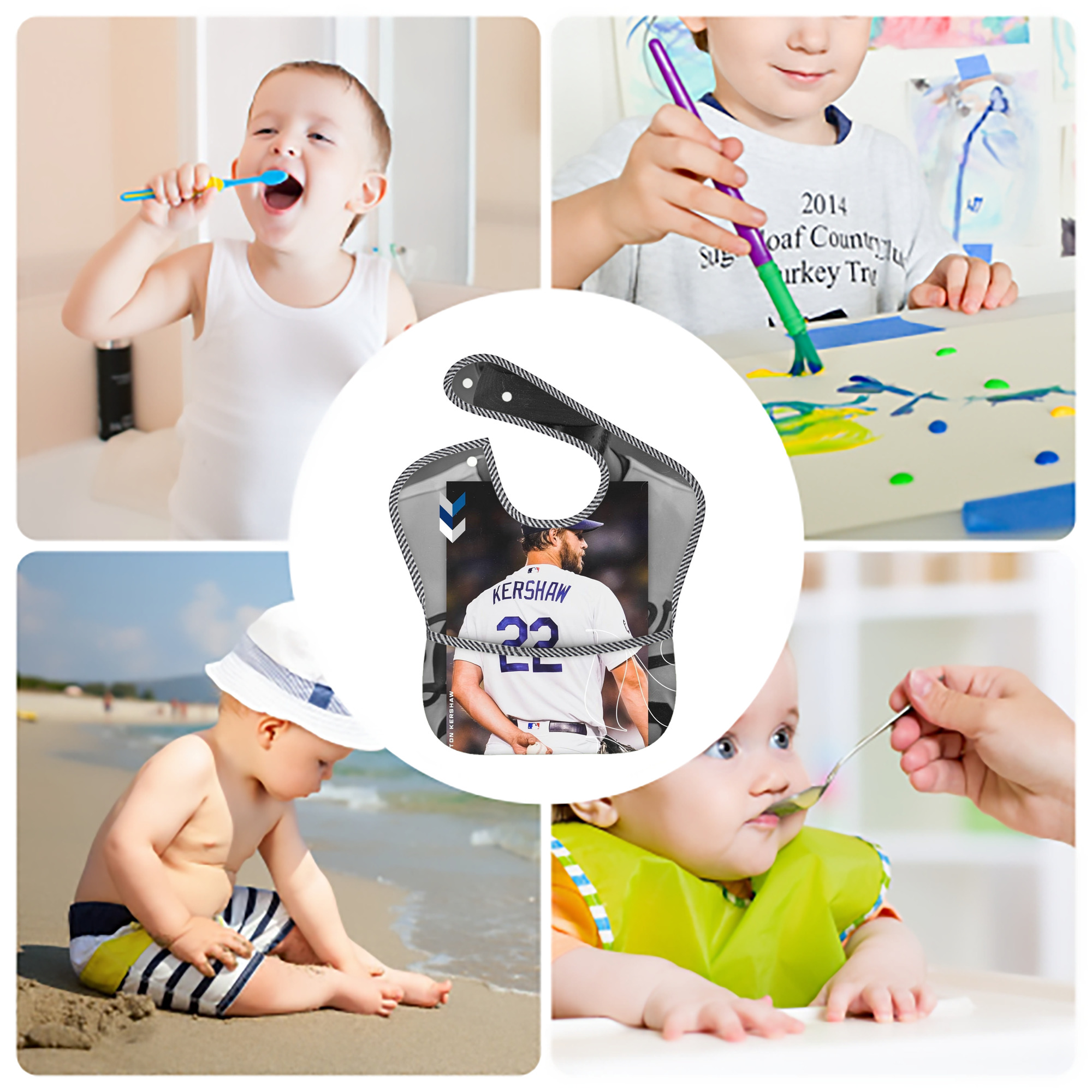 Clayton Kershaw 2 Adjustable Waterproof Toddler Bib – Full-Print Durable Polyester – Foldable Crumb Pocket – Easy Snap Closure – Soft