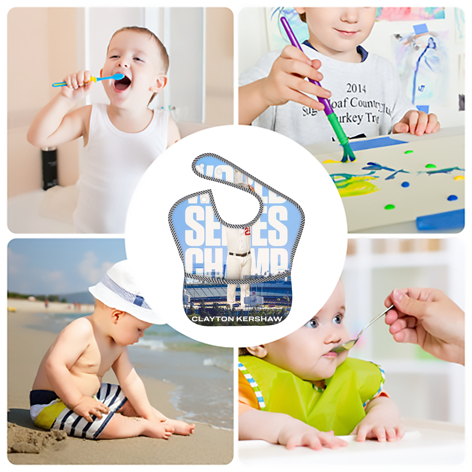 Clayton Kershaw 4 Adjustable Waterproof Toddler Bib – Full-Print Durable Polyester – Foldable Crumb Pocket – Easy Snap Closure – Soft