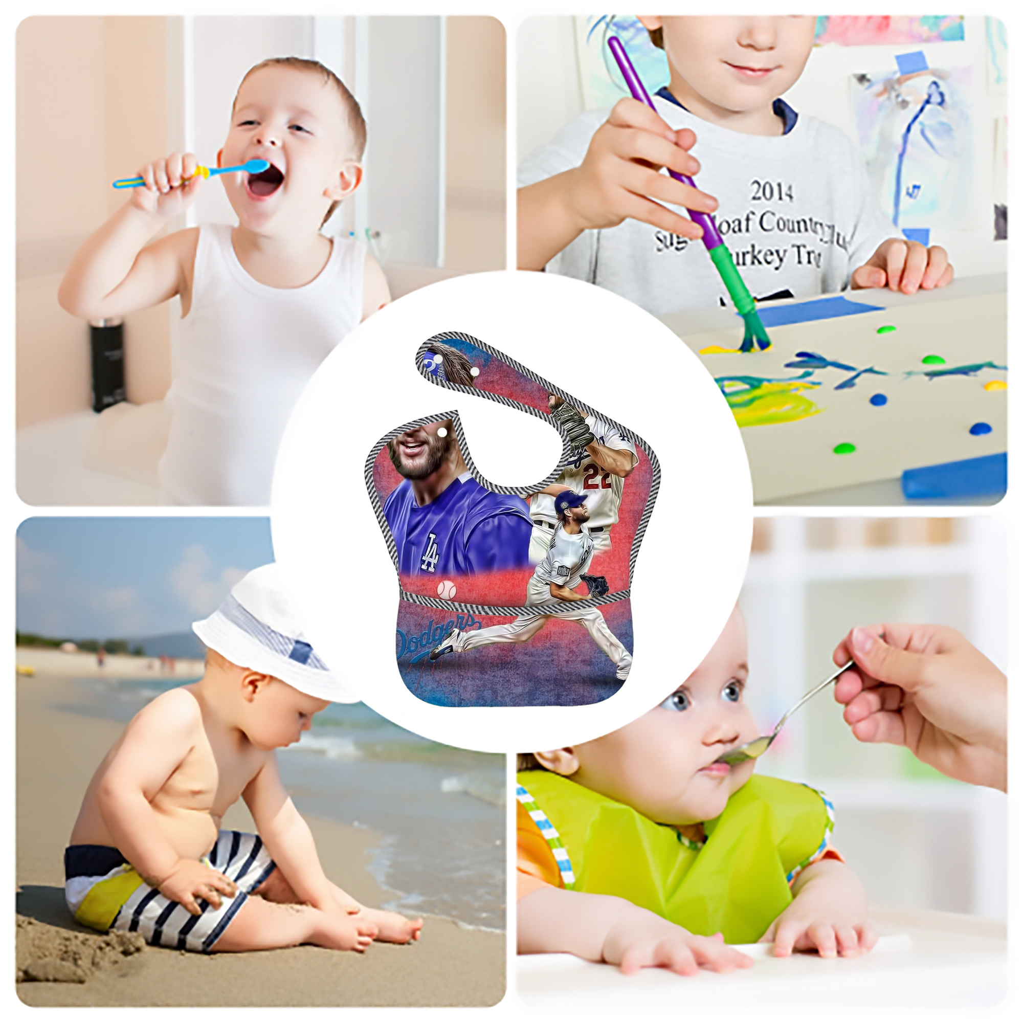 Clayton Kershaw 7 Adjustable Waterproof Toddler Bib – Full-Print Durable Polyester – Foldable Crumb Pocket – Easy Snap Closure – Soft