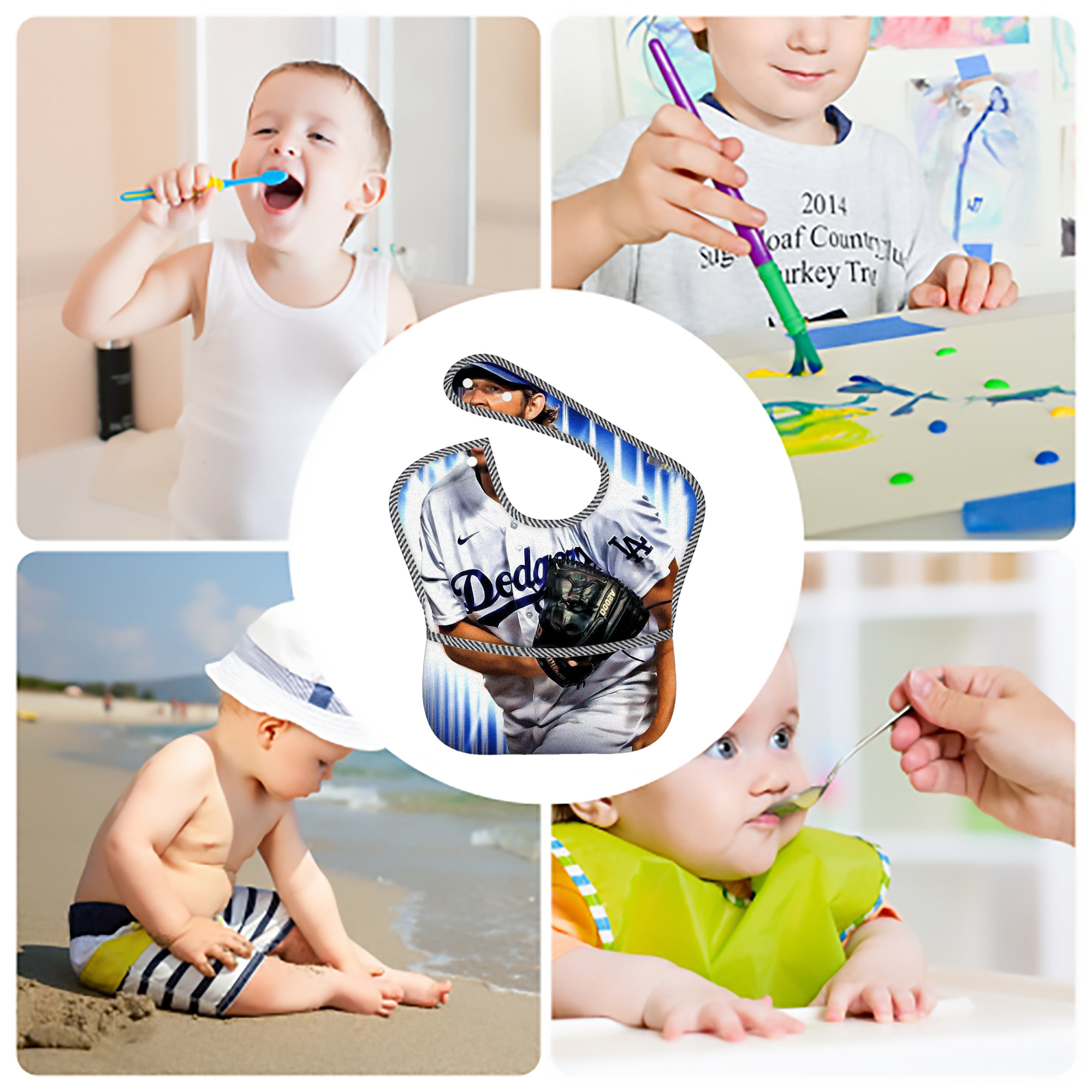 Clayton Kershaw 8 Adjustable Waterproof Toddler Bib – Full-Print Durable Polyester – Foldable Crumb Pocket – Easy Snap Closure – Soft