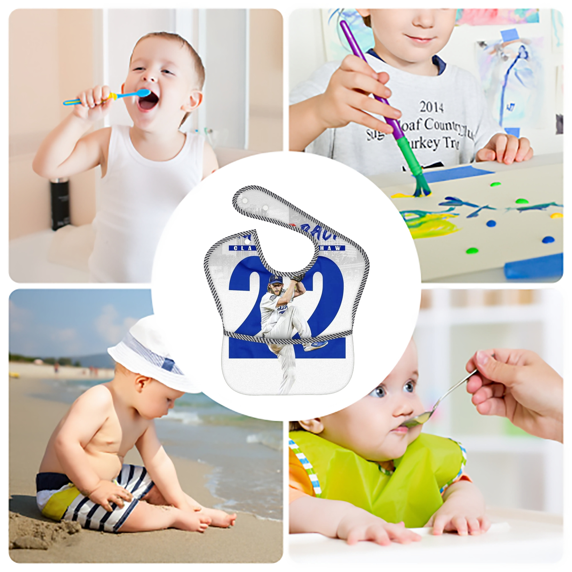Clayton Kershaw 9 Adjustable Waterproof Toddler Bib – Full-Print Durable Polyester – Foldable Crumb Pocket – Easy Snap Closure – Soft
