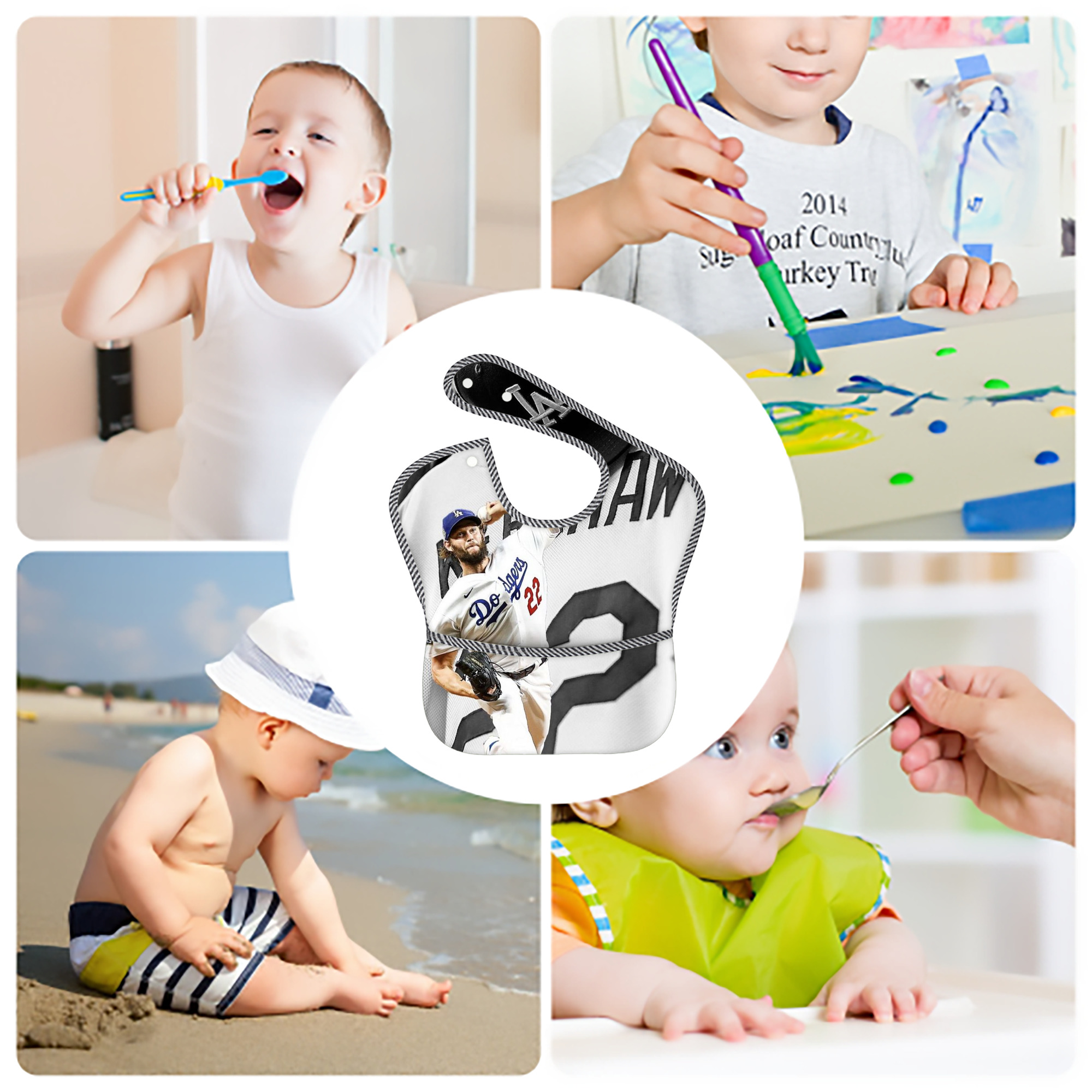 Clayton Kershaw 10 Adjustable Waterproof Toddler Bib – Full-Print Durable Polyester – Foldable Crumb Pocket – Easy Snap Closure – Soft