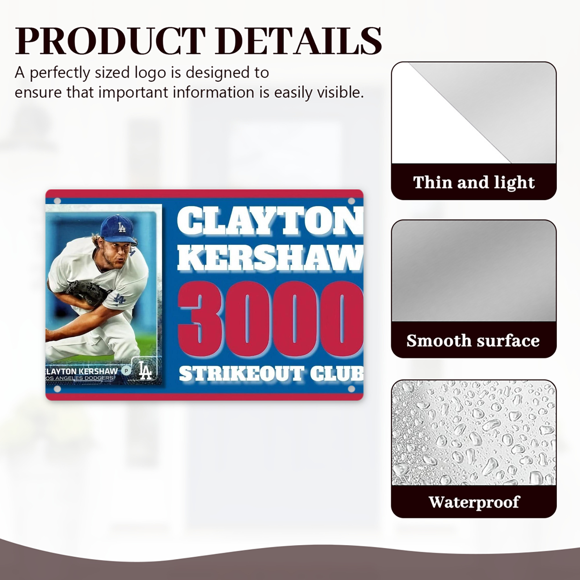 Clayton Kershaw  3K 1 Decorative Aluminum Plaque – Horizontal Design – Durable, Stylish, Easy To Install – Ideal For Home, Office, Bar, And More