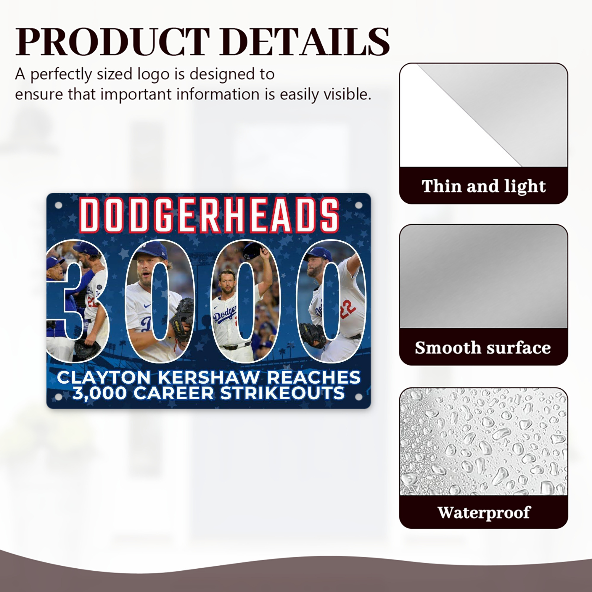 Clayton Kershaw  3K 15 Decorative Aluminum Plaque – Horizontal Design – Durable, Stylish, Easy To Install – Ideal For Home, Office, Bar, And More