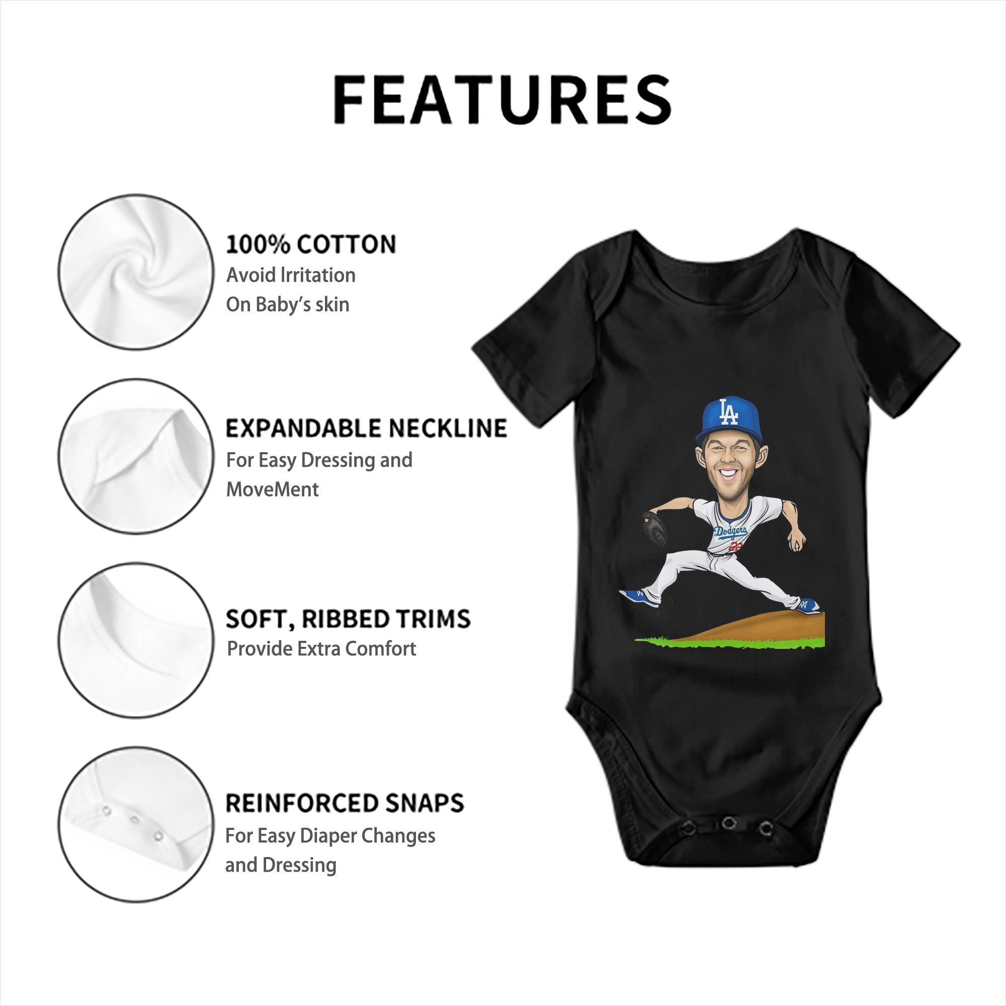 Clayton Kershaw  1 Baby Short Sleeve Romper – 100% Cotton Soft & Breathable Digital Print Onesie With Easy Snap Closure And Envelope Shoulder – Comfortable For Daily Wear & Travel