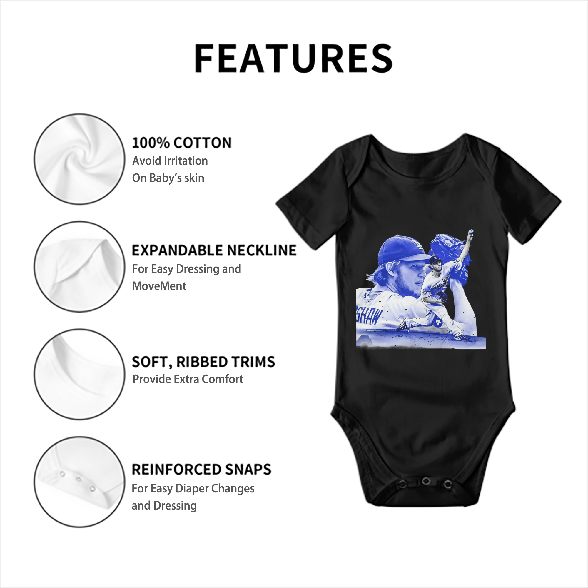 Clayton Kershaw 3 Baby Short Sleeve Romper – 100% Cotton Soft & Breathable Digital Print Onesie With Easy Snap Closure And Envelope Shoulder – Comfortable For Daily Wear & Travel