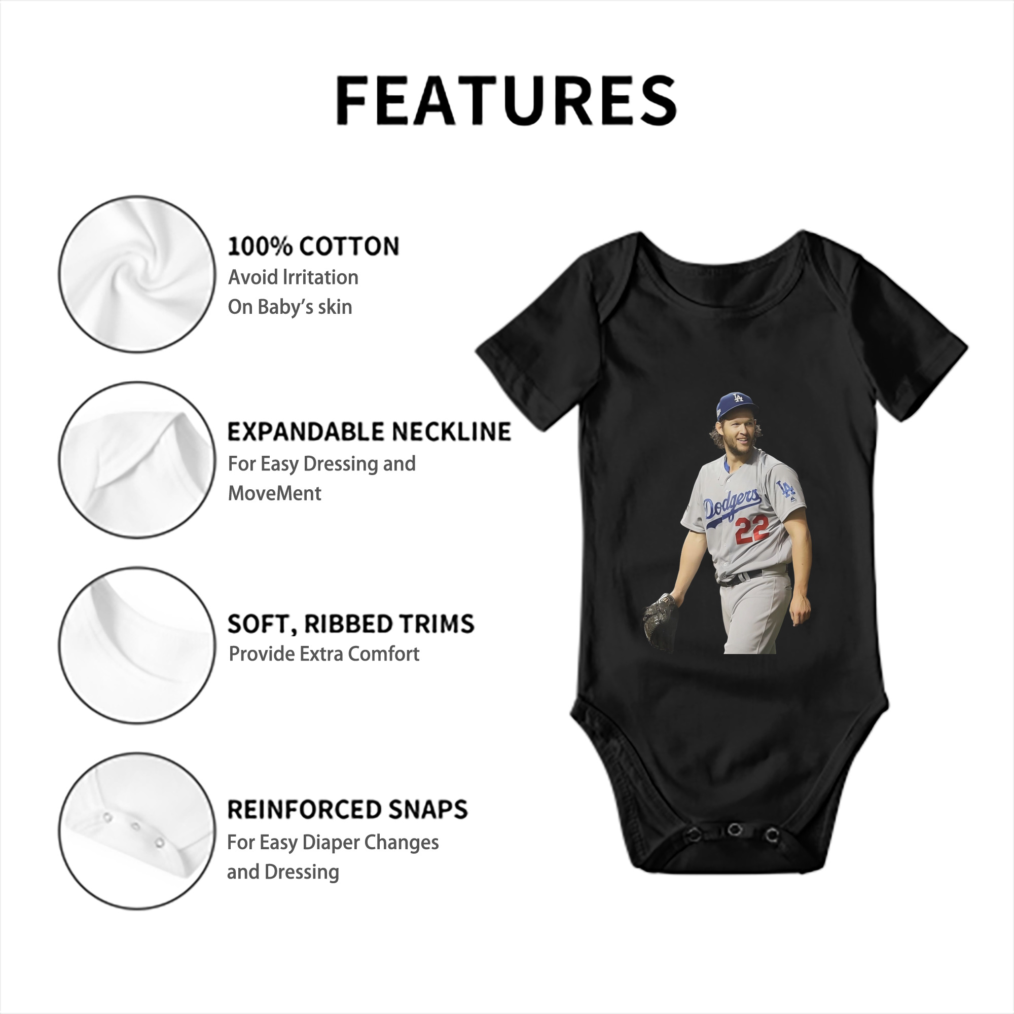 Clayton Kershaw 5 Baby Short Sleeve Romper – 100% Cotton Soft & Breathable Digital Print Onesie With Easy Snap Closure And Envelope Shoulder – Comfortable For Daily Wear & Travel