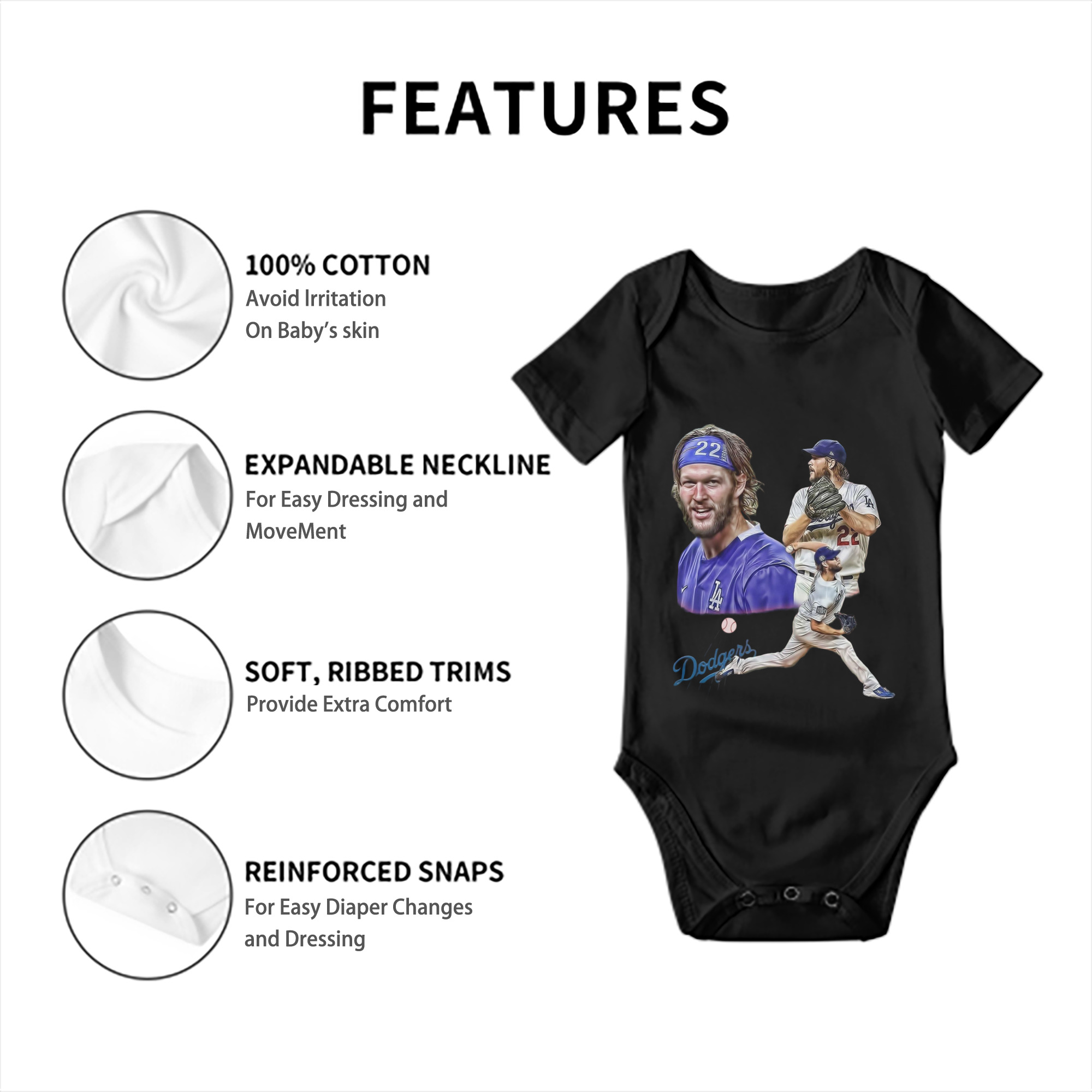 Clayton Kershaw 6 Baby Short Sleeve Romper – 100% Cotton Soft & Breathable Digital Print Onesie With Easy Snap Closure And Envelope Shoulder – Comfortable For Daily Wear & Travel