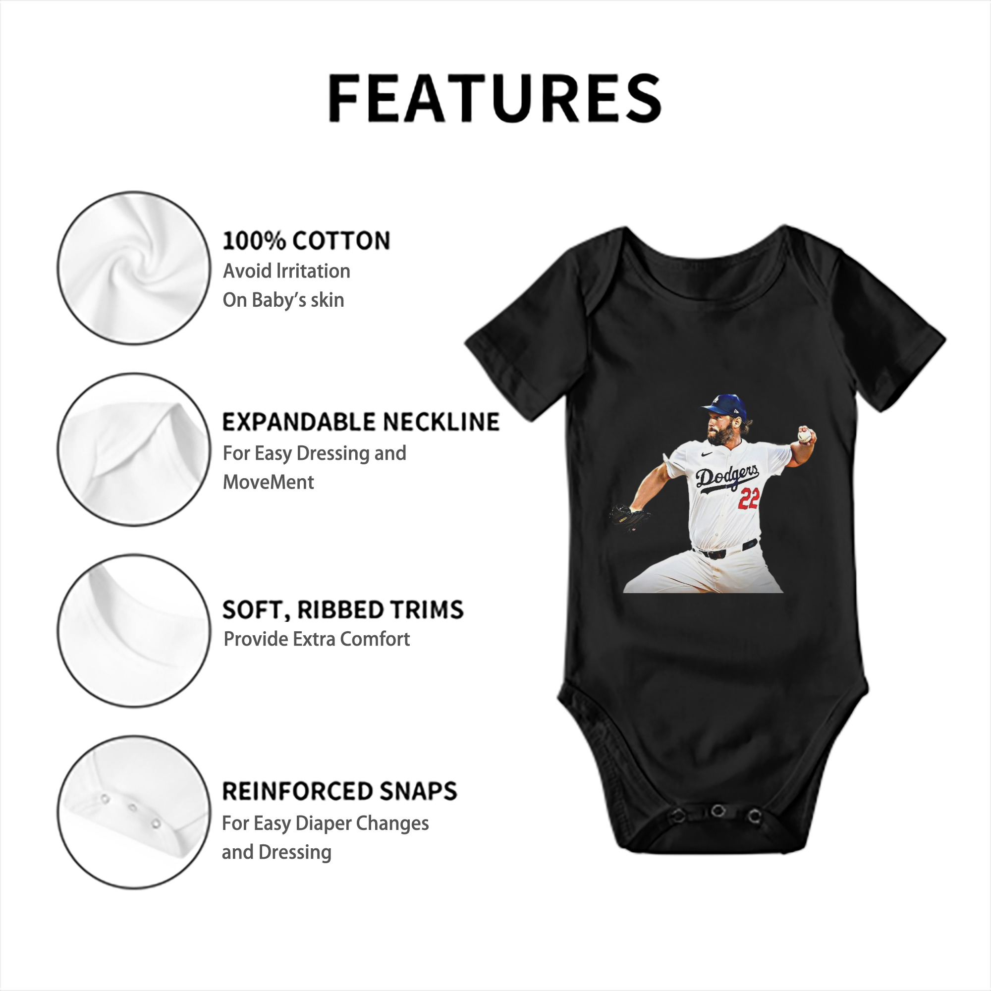 Clayton Kershaw  9 Baby Short Sleeve Romper – 100% Cotton Soft & Breathable Digital Print Onesie With Easy Snap Closure And Envelope Shoulder – Comfortable For Daily Wear & Travel
